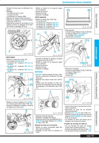 - Soutenir le bras avec un élévateur d’or-
ganes.
- Débrider :
• le câble de frein à main
• le tuyau de frein
• le faisceau du capteur ABR
- Déposer le moyeu arrière (tambour).
- Déposer le capteur (2) (suivant équipe-
ment) (fig. Tr.AR. 23).
- Déposer les quatre vis de fixation (3) du
plateau de frein, le dégager et le main-
tenir dans le passage de roue.
CÔTÉ DROIT
- Mettre en place (fig. Tr.AR. 24) :
• le centreur [2] (-).0539-K
• le goujon [3] : longueur 225 mm (-).
0539-M
• le goujon [4] : longueur 265 mm (-).
0539-N
• le goujon [5] : longueur 280 mm (-).
0539-L
- Mettre en place le plateau [1] (-).0539-J
et 3 écrous sans serrer (fig. Tr.AR. 25).
- Graisser le filetage du plateau, l’embout
et l’appui de la vis en (A).
- Mettre en place la vis jusqu’en appui
sur le centreur.
- Serrer les écrous.
- Extraire le bras.
- Déposer l’outillage.
CÔTÉ GAUCHE
- Mettre en place (fig. Tr.AR. 26) :
• le centreur [2]
• le goujon [3] : longueur 225 mm
• le goujon [4] : longueur 265 mm
• le goujon [5] : longueur 280 mm
• le plateau [1] et les écrous
- Graisser le filetage du plateau, l’embout
et l’appui de la vis en (B).
- Mettre en place la vis jusqu’en appui
sur le centreur.
- Serrer les écrous.
- Extraire le bras.
- Déposer l’outillage.
REPOSE
Impératif : Avant la repose du bras, chan-
ger les roulements (roulement de type
sans jeu).
- Nettoyer les pièces avant leur remon-
tage.
- Vérifier que les portées (C) des rou-
lements ne comportent pas de marques
de grippage ni de blessures (fig. Tr.AR.
27).
- Graisser l’axe de traverse.
- Préparer l’outillage de repose.
- Serrer les écrous de raccordement [8] (-).
0538-B2 des tiges filetées [7] (-).0538-
B1 (fig. Tr.AR. 28).
Repose du bras sur la traverse
- Mettre en place l’ensemble tiges file-
tées dans la traverse.
- Engager le bras dans la traverse ar-
rière.
- Côté opposé :
• monter la tige filetée [7] (fig. Tr.AR.29)
• la bague d’appui [11] (-).0539-V
• la rondelle [10] (-).0538-B4
• l’écrou [9] (-).0538-B3
- Côté bras à reposer :
• monter la tige filetée [7] (fig. Tr.AR.30)
• la bague d’appui [11]
• la rondelle [10]
• l’écrou [9]
- Visser l’écrou pour emmancher le bras
dans la traverse.
- Approcher le bras de sa position
d’emmanchement.
- Distance (C) = 4,5 mm (fig. Tr.AR. 31).
- Reposer la barre de torsion (enduire de
graisse ESSO NORVA 275 les canne-
lures de la barre).
- La position du bras est donné par la
longueur de la barre de torsion.
Couples de serrage (en daN.m) :
- Vis de maintien de barre de torsion
arrière (face et filets graissés) ........ 1,9
- Fixation de plateau de frein arrière 3,2
- Vis de levier de barre antidévers.. 3,65
page 103
GÉNÉRALITÉSMÉCANIQUEÉQUIPEMENTÉLECTRIQUECARROSSERIE
SUSPENSION TRAIN ARRIÈRE
fig.Tr. AR.23
3
2
fig. Tr. AR.24
[4]
[2]
[3]
[5]
fig.Tr. AR.25
A
[1]
fig.Tr. AR.26
[2]
[3]
[1]
[5]
[4]
B
C
fig.Tr. AR.27
fig.Tr. AR.28
[7] [8]
fig.Tr. AR.29
[11]
[9]
[10] [7]
[11]
[10]
[7]
[9]
fig.Tr. AR.30
L_07bTAR.qxd 25/08/99 17:36 Page 103 (1,1)
 