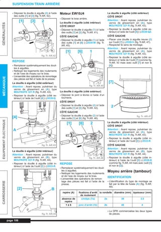 - Déposer la douille à aiguille (2) à l’aide
des outils [1] et [3] (fig. Tr.AR. 42).
REPOSE
- Remplacer systématiquement les douil-
les à aiguilles.
- Nettoyer les logements des roulements
et de l’axe de moyeu sur le bras.
- L’ensemble des opérations de remontage
des pièces est fait à l’aide de la presse.
La douille à aiguille (côté extérieur)
Attention : Avant repose, pulvériser du
vernis de glissement en (A), type
MOLYKOTE 321 R (fig. Tr.AR. 43).
- Reposer la douille à aiguille (côté ex-
térieur) à l’aide de l’outil [4] (-).0539-Q.
La douille à aiguille (côté intérieur)
Attention : Avant repose, pulvériser du
vernis de glissement en (B), type
MOLYKOTE 321 R (fig. Tr.AR. 44).
- Reposer la douille à aiguille (côté in-
térieur) à l’aide de l’outil [2] (-).0533-R.
Moteur EW10J4
- Déposer le bras arrière.
La douille à aiguille (côté intérieur)
CÔTÉ DROIT
- Déposer la douille à aiguille (1) à l’aide
des outils [1] et [3] (fig. Tr.AR. 41).
CÔTÉ GAUCHE
- Déposer la douille à aiguille (1) à l’aide
des outils [1] et [6] (-).0539-W (fig. Tr.
AR. 45).
La douille à aiguille (côté extérieur)
- Déposer le joint à lèvres à l’aide d’un
tournevis.
CÔTÉ DROIT
- Déposer la douille à aiguille (2) à l’aide
des outils [1] et [3] (fig. Tr.AR. 42).
CÔTÉ GAUCHE
- Déposer la douille à aiguille (2) à l’aide
des outils [1] et [6] (fig. Tr.AR. 46).
REPOSE
- Remplacer systématiquement les douil-
les à aiguilles.
- Nettoyer les logements des roulements
et de l’axe de moyeu sur le bras.
- L’ensemble des opérations de remon-
tage des pièces est fait à l’aide de la
presse.
La douille à aiguille (côté extérieur)
CÔTÉ DROIT
Attention : Avant repose, pulvériser du
vernis de glissement en (A), type
MOLYKOTE 321 R (fig. Tr.AR. 43).
- Reposer la douille à aiguille (côté ex-
térieur) à l’aide de l’outil [4] (-).0539-QZ.
CÔTÉ GAUCHE
- Placer une douille à aiguille neuve (2)
sur l’outil [7] (-).0539-V (fig. Tr.AR. 47).
- Respecter le sens de montage.
Attention : Avant repose, pulvériser du
vernis de glissement en (A), type
MOLYKOTE 321 R (fig. Tr.AR. 43).
- Reposer la douille à aiguille (côté ex-
térieur) à l’aide de l’outil [7] (comme fig.
Tr.AR. 43 mais avec outil [7] et non le
[4]).
La douille à aiguille (côté intérieur)
CÔTÉ DROIT
Attention : Avant repose, pulvériser du
vernis de glissement en (A), type
MOLYKOTE 321 R (fig. Tr.AR. 43).
- Reposer la douille à aiguille (côté in-
térieur) à l’aide de l’outil [2] (-).0533-R.
CÔTÉ GAUCHE
Attention : Avant repose, pulvériser du
vernis de glissement en (B), type
MOLYKOTE 321 R (fig. Tr.AR. 44).
- Reposer la douille à aiguille (côté in-
térieur) à l’aide de l’outil [5] (-).0539-R
(comme fig.Tr.AR. 44 mais avec outil [5]
et non le [2]).
Moyeu arrière (tambour)
IDENTIFICATION
- L’identification du type de montage se
fait par la tête de fusée (A) (fig. Tr.AR.
48).
- La DPR commercialise les deux types
de pièces.
page 106
GÉNÉRALITÉSMÉCANIQUEÉQUIPEMENTÉLECTRIQUECARROSSERIE
SUSPENSION TRAIN ARRIÈRE
repère (A) fixations d’arrêt la rondelle diamètre (mm) épaisseur (mm)
de roulement
absence de circlips (1a) 2a 38 3,5
repère
1 à 6 jonc d’arrêt (1b) 2b 48 4
[1] [3] 2
fig.Tr. AR.42
fig.Tr. AR.43
[4]
A
fig.Tr. AR.44
[2] B
fig.Tr. AR.45
[1] [6] 1
fig. Tr. AR.46
[1] [6] 2
fig. Tr. AR.47
[7]
2
L_07bTAR.qxd 25/08/99 17:36 Page 106 (1,1)
 