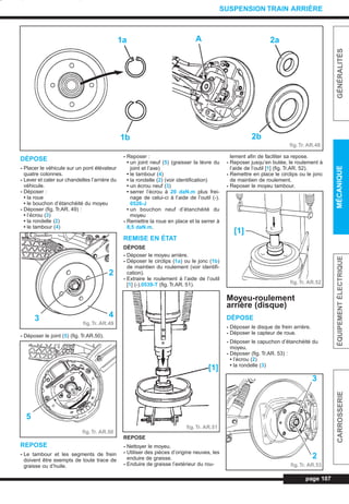 DÉPOSE
- Placer le véhicule sur un pont élévateur
quatre colonnes.
- Lever et caler sur chandelles l’arrière du
véhicule.
- Déposer :
• la roue
• le bouchon d’étanchéité du moyeu
- Déposer (fig. Tr.AR. 49) :
• l’écrou (3)
• la rondelle (2)
• le tambour (4)
- Déposer le joint (5) (fig. Tr.AR.50).
REPOSE
- Le tambour et les segments de frein
doivent être exempts de toute trace de
graisse ou d’huile.
- Reposer :
• un joint neuf (5) (graisser la lèvre du
joint et l’axe)
• le tambour (4)
• la rondelle (2) (voir identification)
• un écrou neuf (3)
• serrer l’écrou à 20 daN.m plus frei-
nage de celui-ci à l’aide de l’outil (-).
0526-J
• un bouchon neuf d’étanchéité du
moyeu
- Remettre la roue en place et la serrer à
8,5 daN.m.
REMISE EN ÉTAT
DÉPOSE
- Déposer le moyeu arrière.
- Déposer le circlips (1a) ou le jonc (1b)
de maintien du roulement (voir identifi-
cation).
- Extraire le roulement à l’aide de l’outil
[1] (-).0539-T (fig. Tr.AR. 51).
REPOSE
- Nettoyer le moyeu.
- Utiliser des pièces d’origine neuves, les
enduire de graisse.
- Enduire de graisse l’extérieur du rou-
lement afin de faciliter sa repose.
- Reposer jusqu’en butée, le roulement à
l’aide de l’outil [1] (fig. Tr.AR. 52).
- Remettre en place le circlips ou le jonc
de maintien de roulement.
- Reposer le moyeu tambour.
Moyeu-roulement
arrière (disque)
DÉPOSE
- Déposer le disque de frein arrière.
- Déposer le capteur de roue.
- Déposer le capuchon d’étanchéité du
moyeu.
- Déposer (fig. Tr.AR. 53) :
• l’écrou (2)
• la rondelle (3)
page 107
GÉNÉRALITÉSMÉCANIQUEÉQUIPEMENTÉLECTRIQUECARROSSERIE
SUSPENSION TRAIN ARRIÈRE
fig.Tr. AR.48
1a A 2a
2b1b
fig.Tr. AR.49
2
43
fig.Tr. AR.50
5
fig.Tr. AR.51
[1]
[1]
fig.Tr. AR.52
fig.Tr. AR.53
3
2
L_07bTAR.qxd 25/08/99 17:36 Page 107 (1,1)
 