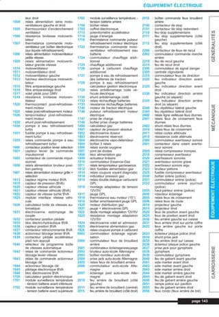 page 143
GÉNÉRALITÉSMÉCANIQUEÉQUIPEMENTÉLECTRIQUECARROSSERIE
ÉQUIPEMENT ÉLECTRIQUE
teur droit
1504 : relais alimentation série moto-
ventilateurs gauche et droit
1505 : thermocontact d’enclenchement
ventilateur
1506 : résistance bivitesse motoventi-
lateur
1507 : thermistance commande moto-
ventilateur par boîtier électronique
(sur liquide refroidissement)
1508 : relais alimentation motoventilateur
petite vitesse
1509 : relais alimentation motoventi-
lateur grande vitesse
1510 : motoventilateur
1511 : motoventilateur droit
1512 : motoventilateur gauche
1513 : hacheur électronique motoventi-
lateur
1515 : filtre antiparasitage gauche
1516 : filtre antiparasitage droit
1517 : volet piloté pour GMV
1518 : résistance trivitesse motoven-
tilateur
1520 : thermocontact post-refroidisse-
ment moteur
1525 : relais post-refroidissement moteur
1526 : temporisateur post-refroidisse-
ment moteur
1530 : shunt post-refroidissement
1550 : pompe à eau refroidissement
turbo
1551 : fusible pompe à eau refroidisse-
ment turbo
1555 : relais commande pompe à eau
refroidissement turbo
1600 : contacteur position levier sélection
1601 : capteur levier de commande
impulsionnel
1602 : contacteur de commande impul-
sionnel
1606 : relais alimentation bruiteur posi-
tion parking
1607 : relais alimentation éclaireur grille +
sélection
1613 : capteur régime moteur BVA
1615 : capteur de pression (BVA)
1620 : capteur vitesse véhicule
1621 : capteur vitesse véhicule (BVA)
1622 : capteur de vitesse sortie BVA
1625 : module interface vitesse véhi-
cule
1630 : calculateur boîte de vitesses au-
tomatique
1631 : électrovanne estompage de
couple
1632 : contacteur position pédale
1635 : bloc électro-hydraulique BVA
1636 : capteur position BVA
1637 : contacteur rétrocommande BVA
1638 : actionneur blocage levier BVA
1639 : contacteur pédale accélérateur
pied non appuyé
1640 : sélecteur de programme boîte
de vitesses automatique
1642 : relais de commande actionneur
blocage levier vitesse
1643 : relais de commande actionneur
blocage clé
1644 : actionneur blocage clé
1645 : pilotage électronique BVA
1646 : bloc électrovanne BVA
1700 : calculateur gestion électronique
1701 : module surveillance température
- tension batterie avant inférieure
1702 : module surveillance température
- tension batterie avant supérieure
1703 : module surveillance température -
tension batterie arrière
1704 : boîtier relais
1705 : coffret électronique
1713 : potentiomètre accélérateur
1714 : jauge d’énergie
1718 : thermistance commande pulseur
refroidissement moteur électrique
1722 : thermistance commande moto-
ventilateur refroidissement eau
batterie
1724 : commutateur chauffage addi-
tionnel
1725 : chauffage additionnel
1726 : pompe à carburant chauffage
additionnel
1727 : pompe à eau de refroidissement
des batteries de traction
1728 : pompe à eau refroidissement
calculateur gestion électronique
1729 : relais antidémarrage code vé-
hicule électrique
1730 : shunt antidémarrage codé
1732 : relais réchauffage batteries
1733 : résistance réchauffage batteries
1740 : moteur de traction électrique
1746 : pulseur refroidissement moteur
électrique
1747 : prise de charge
1748 : boîtier prise charge batteries
1800 : calculateur gaz
1801 : capteur de pression absolue
1802 : électrovanne doseur
1803 : électrovanne réservoir
1804 : électrovanne vapo-détendeur
1805 : boîtier 3 relais
1806 : relais sonde oxygène
1807 : pont de diodes
1808 : bloc alimentation gaz
1809 : actuateur linéaire
1810 : commutateur Essence-Gaz
1811 : relais temporisateur gaz/essence
1812 : bloc fusibles alimentation gaz
1813 : relais coupure voyant diagnostic
1814 : indicateur pression gaz
1815 : relais double dialogue carburant/
GPL
1816 : montage adaptateur de tension
12V/5V
1817 : jauge GPL
1818 : thermistance eau moteur (15°)
1819 : boîtier amortissement jauge GPL
1820 : moteur distribution gaz
1821 : jauge + électrovanne GPL
1822 : diode montage adaptation 12V/5V
1823 : résistance montage adaptation
12V/5V
1824 : électrovanne volet air admission
1825 : électrovanne alimentation gaz
1826 : relais coupure pompe à carburant
0002 : commutateur éclairage signali-
sation
2000 : commutateur feux de brouillard
arrière
2001 : combinateur éclairage/essuyage
2002 : bruiteur auto-école Allemagne
2003 : boîtier moniteur auto-école
2004 : prise jack auto-école Allemagne
2005 : relais feux de brouillard arrière
2006 : commutateur auto-école Alle-
magne
2007 : éclairage pied auto-école Alle-
magne
2010 : feu arrière de brouillard (côté
gauche)
2011 : feu arrière de brouillard (central)
2015 : feu arrière de brouillard (côté droit)
2016 : boîtier commande feux brouillard
arrière
2100 : contacteur de stop
2101 : contacteur de stop redondant
2110 : feu stop supplémentaire
2111 : feu stop supplémentaire (côté
gauche)
2112 : feu stop supplémentaire (côté
droit)
2200 : contacteur de feux de recul
2202 : commutateur commande marche
arrière
2210 : feu de recul gauche
2215 : feu de recul droit
2300 : commutateur de signal danger
2305 : centrale clignotante
2310 : commutateur feux de direction
2320 : feu indicateur direction avant
gauche
2325 : feu indicateur direction avant
droit
2330 : feu indicateur direction arrière
gauche (si séparé)
2335 : feu indicateur direction arrière
droit (si séparé)
2340 : feu répétiteur latéral gauche
2345 : feu répétiteur latéral droit
2400 : relais ligne veilleuse feux diurnes
2401 : relais feux de croisement feux
diurnes
2402 : shunt relais feux diurnes
2410 : relais feux de croisement
2411 : relais codes atténués
2415 : résistance code atténués
2500 : commutateur avertisseur sonore
2501 : contacteur dans volant avertis-
seur sonore
2505 : relais compresseur trompes
2510 : compresseur avertisseur
2520 : avertisseurs sonores
2521 : avertisseur sonore grave
2522 : avertisseur sonore aigu
2523 : bruiteur piétons
2525 : fusible compresseur avertisseur
2530 : boîtier sirène (police)
2531 : commutateur sirène (police)
2532 : commutateur sirène jour/nuit
(police)
2535 : haut-parleur sirène (police)
2600 : rotacteur éclairage
2605 : relais feux de croisement
2606 : relais feux de route
2610 : projecteur gauche
2615 : projecteur droit
2620 : feux de position avant gauche
2625 : feux de position avant droit
2630 : feu arrière gauche sur caisse
2631 : feux arrière droit sur porte coffre
2632 : feux arrière gauche sur porte
coffre
2633 : éclaireur plaque police droit
2634 : shunt prise jack
2635 : feu arrière droit sur caisse
2636 : éclaireur plaque police gauche
2637 : prise jack pour gyrophare
2638 : gyrophare
2639 : commutateur gyrophare
2640 : feu de gabarit avant gauche
2641 : side marker avant droit
2642 : side marker avant gauche
2643 : side marker arrière droit
2644 : side marker arrière gauche
2645 : feu de gabarit avant droit
2650 : feu de gabarit arrière gauche
2651 : rampe police sur pavillon
2655 : feu de gabarit arrière droit
2656 : feux rondo (feux arrière de toit)
L_CD11.QXD 30/08/99 10:33 Page 143 (1,1)
 