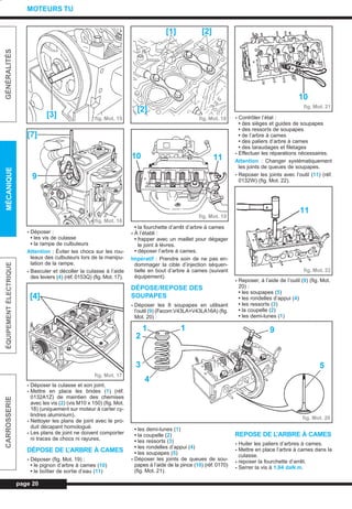 - Déposer :
• les vis de culasse
• la rampe de culbuteurs
Attention : Éviter les chocs sur les rou-
leaux des culbuteurs lors de la manipu-
lation de la rampe.
- Basculer et décoller la culasse à l’aide
des leviers (4) (réf. 0153Q) (fig. Mot. 17).
- Déposer la culasse et son joint.
- Mettre en place les brides (1) (réf.
0132A1Z) de maintien des chemises
avec les vis (2) (vis M10 x 150) (fig. Mot.
18) (uniquement sur moteur à carter cy-
lindres aluminium).
- Nettoyer les plans de joint avec le pro-
duit décapant homologué.
- Les plans de joint ne doivent comporter
ni traces de chocs ni rayures.
DÉPOSE DE L’ARBRE À CAMES
- Déposer (fig. Mot. 19) :
• le pignon d’arbre à cames (10)
• le boîtier de sortie d’eau (11)
• la fourchette d’arrêt d’arbre à cames
- À l’établi :
• frapper avec un maillet pour dégager
le joint à lèvres.
• déposer l’arbre à cames.
Impératif : Prendre soin de ne pas en-
dommager la cible d’injection séquen-
tielle en bout d’arbre à cames (suivant
équipement).
DÉPOSE/REPOSE DES
SOUPAPES
- Déposer les 8 soupapes en utilisant
l’outil (9) (Facom V43LA+V43LA16A) (fig.
Mot. 20) :
• les demi-lunes (1)
• la coupelle (2)
• les ressorts (3)
• les rondelles d’appui (4)
• les soupapes (5)
- Déposer les joints de queues de sou-
papes à l’aide de la pince (10) (réf. 0170)
(fig. Mot. 21).
- Contrôler l’état :
• des sièges et guides de soupapes
• des ressorts de soupapes
• de l’arbre à cames
• des paliers d’arbre à cames
• des taraudages et filetages
- Effectuer les réparations nécessaires.
Attention : Changer systématiquement
les joints de queues de soupapes.
- Reposer les joints avec l’outil (11) (réf.
0132W) (fig. Mot. 22).
- Reposer, à l’aide de l’outil (9) (fig. Mot.
20) :
• les soupapes (5)
• les rondelles d’appui (4)
• les ressorts (3)
• la coupelle (2)
• les demi-lunes (1)
REPOSE DE L’ARBRE À CAMES
- Huiler les paliers d’arbres à cames.
- Mettre en place l’arbre à cames dans la
culasse.
- reposer la fourchette d’arrêt.
- Serrer la vis à 1,64 daN.m.
page 20
GÉNÉRALITÉSMÉCANIQUEÉQUIPEMENTÉLECTRIQUECARROSSERIE
MOTEURS TU
fig. Mot. 15
[3]
fig. Mot. 16
[7]
9
fig. Mot. 17
[4]
fig. Mot. 18
[1] [2]
[2]
1110
fig. Mot. 19
fig. Mot. 20
1
2
3
4
9
5
fig. Mot. 21
10
fig. Mot. 22
11
1
L_03aMotTU.qxd 25/08/99 17:21 Page 20 (1,1)
 