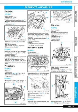 Calandre
DÉPOSE
- Ouvrir le capot.
- Déposer (fig. Car. 1) :
• les fixations (1)
• la calandre (partie supérieure) (2)
• la vis de liaison avec cassette et GMV
(3)
• les fixations (4)
- Déclipper la calandre (5) dans l’ordre
suivant :
• à l’axe du véhicule
• à l’extrémité de chaque projecteur
- Déposer la calandre (5).
REPOSE
- Introduire et clipper les deux extrémités
dans les logements gauche et droit des
supports d’aile avant.
- Clipper la calandre :
• en bas de l’extrémité du projecteur,
serrer la vis (4)
• à l’axe du véhicule sous l’emblème
- Serrer la vis (3) fixant la patte rigide
supérieure de liaison avec la cassette
GMV.
Projecteurs
DÉPOSE
- Déposer :
• la calandre
• les fixations (A, B et C) (fig. Car. 2)
• les connexions électriques
• le projecteur
REPOSE
- Positionner la patte (2) de centrage du
projecteur sur l’axe (3) (fig. Car. 3).
- Effectuer les branchement électriques.
- Engager le projecteur jusqu’à pénétra-
tion du centreur (4) dans le bord tombé
de l’aile.
- Serrer les vis dans l’ordre suivant : A, B,
C (fig. Car. 2).
- Reposer la calandre.
- Vérifier :
• le fonctionnement électrique
• le réglage des projecteurs
Pare-chocs avant
DÉPOSE
- Ouvrir le capot.
- Déposer la calandre.
- Déposer les fixations (1) (fig. Car. 4).
- Mettre le véhicule sur un pont élévateur.
- Déposer les fixations (2) (fig. Car. 5).
- Écarter partiellement le pare-boue avant.
- Déposer les fixations (3) et (4) (fig. Car.
6).
- Descendre le pont élévateur.
- Déposer le pare-chocs.
REPOSE
- Procéder dans l’ordre inverse des opé-
rations de dépose.
Aile avant
DÉPOSE
- Ouvrir le capot.
- Déposer :
• la calandre (partie supérieure)
• la calandre (partie inférieure)
• le phare
- Déposer (fig. Car. 7) :
• les fixations (1)
• les agrafes (2)
• les pare-boue
- Déconnecter le répétiteur d’aile.
- Ouvrir la porte.
- Desserrer la fixation (3) en passant par
l’intérieur de l’aile (fig. Car. 8).
- Déposer les fixations (4) (fig. Car. 9).
Nota : Côté gauche : caler le capot.
page 229
GÉNÉRALITÉSMÉCANIQUEÉQUIPEMENTÉLECTRIQUECARROSSERIE
CARROSSERIE
ÉLÉMENTS AMOVIBLES
1
4
5
3
4
2
fig. Car. 1
fig. Car.2
A
C
B
fig. Car.3
fig. Car.4
fig. Car.5
4
2
3
1
2
fig. Car. 6
3
4
fig. Car. 7
fig. Car. 8
2
11
3
L_12CARR.QXD 6/09/99 14:52 Page 229 (1,1)
 