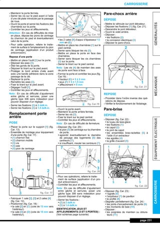 - Maintenir la porte fermée.
- Serrer les vis sur le pied avant à l’aide
d’une clé plate introduite par le passage
de roue.
- Ouvrir la porte et serrer les fixations des
charnières sur la porte.
- Contrôler les jeux et affleurements.
Attention : En cas de difficultés de mise
en place, dépose les pions de centrage
du charmon de pied et éventuellement
celui de la porte.
- Pour cette opération, refaire le traite-
ment de surface à l’emplacement du pion
de centrage (application d’un produit
anticorrosion).
Repose d’une porte
- Mettre en place l’outil [1] sur la porte.
- Déposer les axes (3).
- Ôter les gonds de la porte.
- Déposer le tirant sur le pied avant.
- Protéger le bord arrière d’aile avant
avec une bande adhésive dans la zone
passage de la clé.
- Replacer la porte.
- Remettre les axes (3).
- Fixer le tirant sur le pied avant.
- Dégager l’outil [1].
- Contrôler les jeux et affleurements.
Nota : En cas de difficulté d’ajustement
entre gâche et serrures, poser une
gâche type 306 sans indexation pour
pouvoir disposer d’un réglage.
- Serrer les fixations (2) à 2 daN.m.
- Serrer les fixations (3) à 1,4 daN.m.
Remplacement porte
arrière
POSE
- Placer la porte sur le support [1] (fig.
Car. 13).
- Ensemble de montage pour équipement
d’une porte (fig. Car. 17) :
• (1) charnon fixe
• (2) charnon mobile
• (3) vis
• (4) axe
• (5) pion de centrage
- Fabriquer 1 cale [2], [3] et 2 cales [4]
(fig. Car. 12).
- Positionner (fig. Car. 18) :
• la cale [2] en (C) (cote de 13 mm vers
l’extérieur).
• la cale [3] en (D) (cote de 15 mm vers
l’extérieur).
• les 2 cales [4] d’appui d’épaisseur 13
mm en (E).
- Mettre en place les charnières (1) sur le
pied central.
- Serrer sans bloquer les vis (3).
- Mettre en place la porte en face des
charnières.
- Serrer sans bloquer les vis charnières
(3) sur la porte.
- Serrer le tirant sur le pied central.
Nota : Les vis (4) de maintien des axes
de porte sont face à face.
- Fermer la porte et contrôler les jeux (fig.
Car.19) :
• hauteur (E) = 5 ± 2 mm
• jeux (F) = 5 ± 1,5 mm
• affleurement = 0 mm
- Ouvrir la porte avant.
- Maintenir la porte arrière fermée.
- Serrer les vis (3).
- Fixer le tirant sur le pied central.
- Contrôler les jeux et affleurements.
Nota : En cas de difficulté de fermeture.
- Déposer (fig. Car. 20) :
• le pion (5) de centrage sur la charnière
de porte.
• agrandir éventuellement le diamètre
de perçage des logements (6) des
centreurs (7).
• si insuffisant, meuler les centreurs (7).
- Pour ces opérations, refaire le traite-
ment de surface (application d’un pro-
duit anticorrosion).
- Contrôler les jeux et affleurements.
Nota : En cas de difficulté d’ajustement
entre gâche et serrures, poser une
gâche type 306 sans indexation pour
pouvoir disposer d’un réglage.
- Serrer les fixations :
• (2) à 2 daN.m
• (3) à 1,4 daN.m
IDENTIFICATION JEUX ET
AFFLEUREMENTS (3 ET 5 PORTES) :
(Voir schémas page suivante)
Pare-chocs arrière
DÉPOSE
- Mettre le véhicule sur pont élévateur.
- Déposer les fixations (1) (fig. Car. 21).
- Descendre le pont élévateur.
- Ouvrir le volet arrière.
- Déposer :
• les fixations (2)
• la connexion électrique (3)
- Déposer le pare-chocs.
REPOSE
- Procéder dans l’ordre inverse des opé-
rations de dépose.
- Vérifier le fonctionnement de l’éclairage.
Pare-brise
DÉPOSE
- Déposer (fig. Car. 22) :
• le tuyau de lave-glace
• les fixations (1)
• le capot (2)
• le joint de capot
• les ensembles bras-raclettes (3) à
l’aide d’un extracteur
• les agrafes (4)
• la grille d’auvent (5)
- Déposer (fig. Car. 23) :
• l’agrafe (6)
• l’enjoliveur (7) de pavillon
• le profilé (8)
- Dégrafer partiellement (fig. Car. 24) :
• les joints d’encadrement de porte (9)
• les montants de baie (10)
- Déposer :
• les poignées de maintien ou obtura-
teurs (11)
page 231
GÉNÉRALITÉSMÉCANIQUEÉQUIPEMENTÉLECTRIQUECARROSSERIE
CARROSSERIE
fig. Car. 17
fig. Car. 18
fig. Car.19
fig. Car. 20
fig. Car. 21
fig. Car. 22
3
4
215
[3]
[2]
[4]
D
D
C
E
3
1
3
E
F
7
6
5
3
3
2
1 13
1 2 3 1
545
L_12CARR.QXD 6/09/99 14:52 Page 231 (1,1)
 