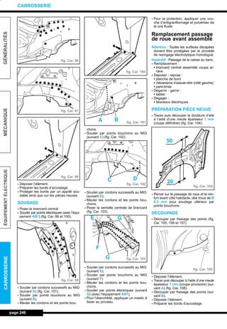 - Déposer l’élément.
- Préparer les bords d’accostage.
- Protéger les bords par un apprêt sou-
dable ainsi que sur les pièces neuves.
SOUDAGE
- Poser le brancard central.
- Souder par points électriques (avec l’équi-
pement AB1) (fig. Car. 99 et 100).
- Souder par cordons successifs au MIG
(suivant A) (fig. Car. 101).
- Souder par points bouchons au MIG
(suivant B).
- Meuler les cordons et les points bou-
chons.
- Souder par points bouchons au MIG
(suivant C) (fig. Car. 102).
- Souder par cordons successifs au MIG
(suivant D).
- Meuler les cordons et les points bou-
chons.
- Poser la semelle centrale de brancard
(fig. Car. 103).
- Souder par cordons successifs au MIG
(suivant E).
- Souder par points bouchons au MIG
(suivant F)
- Meuler les cordons et les points bou-
chons.
- Souder par points électriques (suivant
G) (avec l’équipement AB1).
- Pour l’étanchéité, appliquer un mastic à
lisser au pinceau.
- Pour la protection, appliquer une cou-
che d’antigravillonnage et pulvériser de
la cire fluide.
Remplacement passage
de roue avant assemblé
Attention : Toutes les surfaces décapées
doivent être protégées par le procédé
de rezingage électrolytique homologué.
Impératif : Passage de la caisse au banc.
- Remplacement :
• brancard central assemblé coupe ar-
rière
- Déposer - repose :
• planche de bord
• mécanisme d’essuie-vitre (côté gauche)
• pare-brise
- Dégarnir - garnir :
• tablier
- Dégager :
• faisceaux électriques
PRÉPARATION PIÈCE NEUVE
- Tracer puis découper la doublure d’aile
à l’aide d’une meule épaisseur 1 mm
(coupe définitive) (fig. Car. 104).
- Percer sur le passage de roue et le ren-
fort avant côté habitacle, des trous de Ø
6,5 mm pour soudage ultérieur par
points bouchons.
DÉCOUPAGE
- Découper par fraisage des points (fig.
Car. 105, 106 et 107).
- Déposer l’élément.
- Tracer puis découper à l’aide d’une meule
épaisseur 1 mm (coupe provisoire) (sui-
vant A) (fig. Car. 108).
- Découper par fraisage des points (sui-
vant B).
- Déposer l’élément.
- Préparer les bords d’accostage.
page 246
GÉNÉRALITÉSMÉCANIQUEÉQUIPEMENTÉLECTRIQUECARROSSERIE
CARROSSERIE
fig. Car. 96
fig. Car. 97
fig. Car. 98
fig. Car. 98
fig. Car. 100
fig. Car. 101
fig. Car. 102
fig. Car. 103
fig. Car. 104
fig. Car. 105
A B
DC
G
F
E G
50
20
L_12CARR.QXD 6/09/99 14:53 Page 246 (1,1)
 