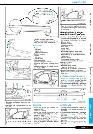 - Découper par fraisage des points (sui-
vant B).
- Découper par fraisage des points (fig.
Car. 145).
- Préparer les bords d’accostage.
- Protéger les bords par un apprêt sou-
dable ainsi que sur la pièce neuve.
AJUSTAGE
- Poser :
• l’aile avant
• la porte avant
• le longeron extérieur
- Contrôler les jeux.
- Déposer :
• l’aile avant
• la porte avant
- Tracer les coupes.
- Déposer le longeron extérieur.
- Retoucher les coupes (coupes défini-
tives).
- Appliquer une colle de calage structu-
rale (fig. Car. 146).
SOUDAGE
- Souder les coupes par cordons suc-
cessifs au MIG.
- Meuler les cordons.
- Souder par points bouchons au MIG
(suivant les perçages) (fig. Car. 141).
- Meuler les points.
- Souder par points électriques (avec l’équi-
pement AB1) (fig. Car. 147).
- Pour l’étanchéité, appliquer un mastic à
lisser au pinceau à la jonction avec le
plancher.
- Pour la protection, appliquer une cou-
che d’antigravillonnage et pulvériser de
la cire fluide.
Remplacement longe-
ron extérieur (5 portes)
Attention : Toutes les surfaces décapées
doivent être protégées par le procédé
de rezingage électrolytique homologué.
- Dépose - pose :
• pare-boue avant
• pare-boue arrière
• aile avant
• porte avant
• porte arrière
• charnière inférieure porte avant
• charnière inférieure porte arrière
• joint d’entrée de porte (avant/arrière)
• siège avant
• assise arrière
• commande ouverture capot
• joint antisalissures bas de marche
- Dégarnir - garnir :
• pied central
• plancher avant partiel
• plancher arrière partiel
• passage de roue arrière (partie avant)
- Dégager les faisceaux électriques.
- Protéger les canalisations de carburant
(côté droit).
PRÉPARATION PIÈCE NEUVE
- Tracer puis percer suivant la figure des
trous Ø 8 mm pour soudage ultérieur
par points bouchons (fig. Car. 148).
- Tracer puis découper à l’aide d’une meule
épaisseur 1 mm (coupe définitive) (fig.
Car. 142).
DÉCOUPAGE
- Tracer puis découper à l’aide d’une meule
épaisseur 1 mm (coupe provisoire) (fig.
Car. 143).
- Tracer puis découper à l’aide d’une meule
épaisseur 1 mm (coupe provisoire) (fig.
Car. 149).
- Tracer puis découper à l’aide d’une meule
épaisseur 1 mm (coupe provisoire) (fig.
Car. 150).
- Découper par fraisage des points (fig.
Car. 151).
page 251
GÉNÉRALITÉSMÉCANIQUEÉQUIPEMENTÉLECTRIQUECARROSSERIE
CARROSSERIE
fig. Car. 142
fig. Car. 143
fig. Car. 144
fig. Car. 145
fig. Car. 146
fig. Car. 148
fig. Car. 147
fig. Car. 141
255 55
30
55 55 55
10
25
10090
A
B
650505010
L_12CARR.QXD 6/09/99 14:53 Page 251 (1,1)
 
