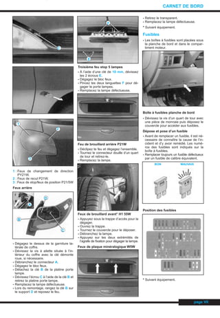 1 : Feux de changement de direction
PY21W.
2 : Feux de recul P21W.
3 : Feux de stop/feux de position P21/5W
Feux arrière
- Dégagez le dessus de la garniture la-
térale de coffre.
- Dévissez la vis à ailette située à l’in-
térieur du coffre avec la clé démonte
roue, si nécessaire.
- Débranchez le connecteur A.
- Dégagez le bloc feux.
- Détachez la clé B de la platine porte
lampe.
- Dévissez l’écrou C à l’aide de la clé B et
retirez la platine porte lampe.
- Remplacez la lampe défectueuse.
- Lors du remontage, rangez la clé B sur
le support D et reposez le feu.
Troisième feu stop 5 lampes
- À l’aide d’une clé de 10 mm, dévissez
les 2 écrous E.
- Dégagez le bloc feux.
- Pincez les deux languettes F pour dé-
gager le porte lampes.
- Remplacez la lampe défectueuse.
Feu de brouillard arrière P21W
- Déclipez te feu et dégagez l’ensemble.
- Tournez le connecteur douille d’un quart
de tour et retirez-le.
- Remplacez la lampe.
Feux de brouillard avant* H1 55W
- Appuyez sous la trappe d’accès pour la
dégager.
- Ouvrez la trappe.
- Tournez le couvercle pour le déposer.
- Débranchez la lampe.
- Appuyez sur les deux extrémités de
l’agrafe de fixation pour dégager la lampe.
Feux de plaque minéralogique W5W
- Retirez le transparent.
- Remplacez la lampe défectueuse.
* Suivant équipement.
Fusibles
- Les boîtes à fusibles sont placées sous
la planche de bord et dans le compar-
timent moteur.
Boîte à fusibles planche de bord
- Dévissez la vis d’un quart de tour avec
une pièce de monnaie puis déposez le
couvercle pour accéder aux fusibles.
Dépose et pose d’un fusible
- Avant de remplacer un fusible, il est né-
cessaire de connaître la cause de l’in-
cident et d’y avoir remédié. Les numé-
ros des fusibles sont indiqués sur la
boîte à fusibles.
- Remplacer toujours un fusible défectueux
par un fusible de calibre équivalent.
Position des fusibles
* Suivant équipement.
page VII
CARNET DE BORD
BON MAUVAIS
C
1
2
3
A
B
D
C
F
E
CARNET.QXD 25/08/99 17:15 Page VII (1,1)
 
