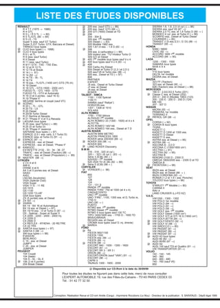 RENAULT
R 4 T.T. (1975 → 1986)
R 4 GTL
R 5 L / R 5 TL ( → 80)
R 5 TL/GTL (80 → 84)
R 5 LS - TS
Super 5 (ess. sauf GT Turbo)
Super 5 (GT Turbo, GTX, Baccara et Diesel)
TWINGO tous types
CLIO tous types (→ 1998)
CLIO II tous types
R 6 L et TL
R 9 (ess. sauf Turbo)
R 9 Diesel
R 11 (ess. sauf Turbo)
R 9/11 GTX - TXE - TXE Élec.
R 12 et R 12 TL
R 12 TS et Break
R 14 (→ 81)
R 14 (82 →)
R 16 TS - TA - TL
R 16 TX
R 18 ess. - TL/GTL (1400 cm3
) GTS (79 ch)
R 18 Diesel
R 18 GTL - GTX (1600 - 2000 cm3
)
FUEGO TL - GTL 1400 - GTS
FUEGO TX - GTX et Automatic
R 19 (3 et 5 portes - sauf 16 S)
R 19 “Phase II“
MEGANE berline et coupé (sauf dTi)
SCÉNIC
R 20 L - TL - GTL
R 20 TS - LS
R 20 Diesel
R 20/30 Turbo Diesel
R 21 Berline et Nevada
R 21 “Phase II“ 4 et 5 p./Nevada
LAGUNA tous types
R 25 (ess. sauf Turbo) (→ 88)
R 25 (D et Turbo D)
R 25 “Phase II“ essence
SAFRANE tous types (→ 97)
ESPACE (2,0 l. ess. carb. 2,1 Turbo D)
ESPACE (ess. et Turbo D) (91 →)
ESPACE (97 →)
EXPRESS - ess. et Diesel
EXPRESS - ess. et Diesel, “Phase II“
KANGOO
ESTAFETTE 2132 - 33 - 34 - 36 -37
TRAFIC - ess. et Diesel (Traction) (89 →)
TRAFIC - ess. et Diesel (Propulsion) (→ 89)
MASTER (98 →)
CITROËN
2 CV 4 et 6
AMI 6
DYANE 4 et 6
AX 3 et 5 portes ess. et Diesel
SAXO
AXEL
LN/LNA (bicylindre)
VISA (Spécial Club)
VISA Super
VISA 11 E - 11 RE
GS 1015
GS 1130
GS 1220 “CLUB“
GSA tous types
ZX (5 portes) ess. et Diesel
ZX (93 →)
XSARA
BX 14 - BX 16 et Automatique
BX 19 ess. et Diesel (→ 87)
BX 15/19 ess. - D et Turbo D (87 →)
DS - Spécial - Super et Super 5
CX 2000 - 2200 - 2400 - 2400 Inj.
CX 2200 D
CX 2500 D
CX REFLEX - ATHENA - 20 RE/TRE
CX 22 TRS
XANTIA tous types (→ 97)
XANTIA II (98 →)
XM tous types (→ 98)
ÉVASION
BERLINGO
C 15 - ess. et Diesel
JUMPY
C 25 - ess. et Diesel
JUMPER
PEUGEOT
104 Coupé
104 (base)
104 S - SL - GL 6
106 (3 et 5 portes)
204 Break Diesel
205 ess. (sauf GTI) (→ 88)
205 ess. (sauf. GTI) (88→ )
205 GTI (1600) Diesel et TD
206
304 - 304 S
305 ess. 1er modèle
305 Diesel ( → 83)
305 Modèle 1982 ess.
305 1,6/1,9 ess. - 1,9 D (83 →)
306
309 ess. à carburateur (→ 89)
309 moteur ess. “TU“/moteur Turbo D
309 GTI et Diesel
405 1er modèle tous types sauf 4 x 4
405 tous types sauf 4 x 4 (93 →)
406
504 Carbu./Inj./Diesel
505 Diesel et Turbo D (2,3 l et 2,5 l)
505 sauf V6 et Turbo ess. (86 →)
605 ess., Diesel et TD (→ 97)
806
PARTNER
EXPERT
J5 ess., Diesel et Turbo Diesel
J7 ess. et Diesel
J9 ess. et Diesel
BOXER
TALBOT - SIMCA
1100 - 1100 Spécial
1100 TI
SAMBA (sauf “Rallye“)
HORIZON ess.
1307 - 1308 et 1510
SOLARA
ALFA ROMEO
1750 - 1750 Veloce
ALFASUD 1er modèle
ALFA ROMEO 33 (1300 - 1500) et 4 x 4
ALFETTA
ALFA ROMEO 145/146
ALFA ROMEO 164 ess., Diesel et T D
AUSTIN ROVER
AUSTIN MINI METRO
AUSTIN PRINCESS 1800
ROVER série 200/400 (89 →)
ROVER 200 (96 →)
ROVER 600
LAND ROVER Discovery
B.M.W.
316 - 318 - 320 (4 cyl.)
320 i. - 323 i (6 cyl.) - (83 →)
Série 3 (E36) (90→ )
520/520 i 1er modèle
520 i/524 TD (E 28) (82 → 88)
Série 5 (E39) (96→ )
CHRYSLER
VOYAGER (→ 96)
FIAT
850
127
128
124
131 - 131 S
PANDA 1er modèle
PANDA “FIRE“ 750 et 1000 (et 4 x 4)
CINQUECENTO
UNO 1er modèle
UNO “FIRE“, 1100, 1300 ess. et D, Turbo ie,
1700 D.
UNO (90 → )
PUNTO
RITMO ess. 1er modèle
RITMO Diesel 1er modèle
RITMO II tous types sauf 130 TC
TIPO 1400/1600 ess. - 1700 D - 1900 TD
BRAVO/BRAVA
REGATA ess. et Diesel
CROMA tous types (sauf D. inj. directe)
MAREA
FORD
Ka
FIESTA 950/1100
FIESTA 1300
FIESTA ess. (84 →)
FIESTA (89 →)
FIESTA (96 →)
ESCORT 940 - 1000 - 1300 - 1600
ESCORT (81 →)
ESCORT XR 3 - XR 3 i
ORION (86 →)
ESCORT-ORION (sauf “VAN“) (91 →)
ESCORT (96 →)
CAPRI II
TAUNUS 1300 - 1600 - 2000
SIERRA 1,6, 1,8, 2,0 (4 cyl.) (→ 86)
SIERRA ess. sauf V6 (87 →)
SIERRA 2,0 TC ess. et 1,8 Turbo D (90 → )
MONDEO 4 cyl. ess. et Turbo D (→ 96)
SCORPIO ess., Diesel et Turbo Diesel
COURRIER (→ 95)
TRANSIT (1,6 ess./2,5 l, D. Di) (86 →)
TRANSIT (95 →)
HONDA
N360 / N600
CIVIC (92 →)
ACCORD 1600 1er modèle
ACCORD (84 → 90)
LADA
1200 - 1300 - 1500
SAMARA tous types
NIVA 4 X 4
LANCIA
Y10 tous types
DELTA 1er modèle
DEDRA ess. et Diesel
MAZDA
323 FF (Traction)
323 ess. et Diesel (90 →)
626 (Traction) ess. et Diesel (→ 88)
MERCEDES
190 D - 2,0/2,5/2,5 Turbo (201)
Classe C ess. et Diesel (202)
200 D - 240 D (Modèle 1983) (123)
200 - 230 E - 200 D - 250 D (124)
MB 100
207 - 307 D
NISSAN
MICRA (93 →)
PRIMERA 1er modèle
TERRANO II
PATROL GR (98 →)
OPEL
CORSA (→ 92)
CORSA B tous types
TIGRA
KADETT C
KADETT D 1200 et 1300 ess.
KADETT D Diesel
KADETT E ess.
ASTRA ess. et Diesel (→ 95)
ASTRA (98 →)
ASCONA B - 2,0 D
ASCONA C (1300/1600 cm3
)
VECTRA (→ 91)
VECTRA (92 → 95)
VECTRA B
REKORD 2100 D - 2300 D
OMEGA 1800/2000 ess. - 2300 D et TD
OMEGA B
FRONTERA (→ 98)
SEAT
IBIZA ess. et Diesel
IBIZA ess. et Diesel (86 → )
IBIZA CORDOBA (93 →)
RONDA (1,2 et 1,5 l. ess. Porsche)
TOLEDO tous types (→ 96)
TOYOTA
STARLET 1er Modèle (→ 80)
CARINA II
RAV 4
LAND CRUISER (LJ-PZ-HZ)
V.A.G.
VW1200 - 1300 - 1302
VW POLO 1er modèle
VW POLO (84 →)
VW POLO (91 →)
VW POLO (95 →)
VW GOLF ess. 1er modèle
VW GOLF Diesel (1500 cm3
)
VW GOLF GTI et GTI 16 S (1600 cm3
)
VW GOLF/JETTA (84 →)
VW GOLF/VENTO (92 →)
VW GOLF IV (98 →)
VW SIROCCO (→ 80)
VW PASSAT (81 →)
VW PASSAT (89 →)
VW PASSAT (97 →)
AUDI A3 tous types
AUDI 80 (82 →)
AUDI 80/90 (87 →)
AUDI A4
AUDi 100 sauf TDI et Quattro (91 →)
VW TRANSPORTER (91→)
VOLVO
142 - 144 - 145
340 - 360
440 - 460 - 480
740 - 760 (sauf V6)
850
LISTE DES ÉTUDES DISPONIBLES
Pour toutes les études ne figurant pas dans cette liste, merci de nous consulter
L’EXPERT AUTOMOBILE 19, rue des Filles-du-Calvaire - 75140 PARIS CEDEX 03
Tél. : 01 42 77 32 50
Conception, Réalisation Revue et CD-rom Airelle (Cergy) ; Imprimerie Riccobono (Le Muy) - Directeur de la publication : S. BARATAUD - Dépôt légal 1999
Disponible sur CD-Rom à la date du 30/09/99
 