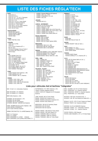 ALFA
ALFA GTV 2 L
ALFA GTV 6 2,5 L
ALFA 75 1,6 L - 2 L et 2 L Twinspark
ALFA 75 1,8 L Turbo Essence
ALFA 75 3 L V6
ALFA 75 2 L et 2,4 L Turbo Diesel
ALFA 90 2 L Iniezione Essence
ALFA 90 2,4 L Turbo Diesel
ALFA 164 2 L (4 cyl.) Turbo Essence
ALFA 164 V6 24 Soupapes
ALFA 164 V6 Turbo
AUSTIN ROVER
ROVER 820 Injection
ROVER 825/827 Injection
ROVER 2300 et 2600
ROVER 3500
B.M.W.
BMW 730i/735i ( E32)
CITROËN
VISA 10 E-14 TRS
VISA GTI
C15 1118 cm3 Essence (87→)
BX GTI 16 S
CX 25 GTI Prestige Turbo et Turbo 2
CX 25 RD-TRD Turbo et Turbo 2
C25 D Turbo
FIAT
FIAT CROMA Turbo D id
FIAT TIPO 16 Soupapes
FIAT 131 Mirafiori 1300 - 1 A.C.T.
FIAT 131 Mirafiori 1600 - 1 A.C.T.
FIAT 131 Super Mirafiori
FIAT 131-132 Diesel et Diesel Super
FIAT X 1/9 - X 1/9 Drive Speed
FIAT RITMO 105 TC
FIAT RITMO Abarth 125-130 TC
FIAT FIORINO 900 et 1500 cm3
FIAT FIORINO 1700 Diesel
FORD
FORD FIESTA Turbo Essence (→95)
FORD SIERRA 2,3 L V6
FORD TRANSIT "86" 2 L Essence
HONDA
HONDA CIVIC 1300 (→84)
HONDA CIVIC 1300 (84→)
HONDA CIVIC 1400 GL-EX-Automatic
HONDA CIVIC 1600i 16V
HONDA Prélude Millésime 83 Essence
HONDA CRX 1,6 L V.TEC
HONDA CONCERTO 1,5 L LXI
HONDA CRX "92"
JAGUAR
JAGUAR XJ6 4,2 L
LANCIA - AUTOBIANCI
LANICIA Y10 Fire Touring Turbo
LANCIA DELTA HF Turbo
LANCIA THEMA 3 L V6
LANCIA THEMA 1995ie 16V et 16V Turbo (92→)
LANCIA THEMA 2000ie 16V et 16V Turbo (→92)
LANCIA THEMA 2,8 L V6 (88→)
LANCIA THEMA Turbo Diesel 2499 cm3
MAZDA INNOCENTI
MAZDA 929 L et Break
MAZDA 929 LTD-SSP
MAZDA 929 GLX (ABS)
MAZDA 929 GLX Super Spécial (ABS)
MERCEDES
MERCEDES 190 E 2,3 L 16S
MERCEDES 280 SE (126) Berline
MERCEDES 300 D (123) Berline
NISSAN
NISSAN BLUEBIRD LX-SLX 1600-2000 Essence
NISSAN BLUEBIRD SGX 1800 Turbo
NISSAN BLUEBIRD LX 2 L Diesel
NISSAN MICRA 1000 et 1200 cm3 (→92)
OPEL - GME
OPEL CORSA GSI
OPEL SENATOR MONZA "A"
OPEL VECTRA 2 L 16V
OPEL VECTRA Turbo Diesel
GME RASCAL Essence
GME MIDI Diesel et Turbo Diesel
PEUGEOT - TALBOT
PEUGEOT 205 Automatic
PEUGEOT 205 GTI 115 et 130 cv
PEUGEOT 205 Turbo diesel
PEUGEOT 309 GTI 16S
PEUGEOT 505 V6
PEUGEOT 505 Turbo Injection
MATRA MURENA 1,6 L
MATRA TAGORA GL-GLS
MATRA TAGORA SX
RENAULT
RENAULT 4 F4-F6
RENAULT 5 Alpine Turbo
RENAULT 9 Turbo
RENAULT 11 Turbo
RENAULT 11 TD - TDE - GTD
RENAULT 18 GTS (R1342-52)
RENAULT 18 Turbo
RENAULT 19 Chamade 16S
RENAULT 19 Chamade TXI
RENAULT 20 TX Automatic
RENAULT 21 2 L Turbo
RENAULT 30 TX Automatic
RENAULT ALPINE V6 GT - V6 Turbo
RENAULT MASTER T30 D
RENAULT TRAFIC Traction 1647 cm3
RENAULT TRAFIC 1721cm3
SAAB
SAAB 900i
SAAB 900 Turbo et Turbo 16
SKODA
SKODA FAVORIT 1300 cm3 (90→)
SEAT
SEAT RONDA 1,6 L GLX
SEAT MARBELLA / TERRA Essence
SEAT TERRA Diesel
TOYOTA
TOYOTA HIACE Diesel
TOYOTA COROLLA 1,3 L Essence (87→)
V.A.G.
AUDI 100 TDI Diesel 2460 cm3 (91→)
VW POLO G40
VW POLO 1272 cm3 Diesel
VW PASSAT VR6
VW PASSAT 2 L Injection
VW CORRADO G60
VW CORRADO 16V
VW TRANSPORTER (Refroidissement Air)
VW TRANSPORTER (Refroidissement liquide)
VW TRANSPORTER Diesel
VW TRANSPORTER Turbo Diesel
VW LT 35 D
VOLVO
VOLVO 240 Essence
VOLVO 240 Diesel
VOLVO 340 1,6 L Diesel
VOLVO 760 GLE V6 (→86)
VOLVO 760 GLE (V6 avec ou sans catalyseur)
LISTE DES FICHES RÉGLA'TECH
Liste pour véhicules 4x4 et berlines "intégrales"
ARO 10 4x4 1,4 L Carburateur Essence
AUDI 80 Quattro 1,8 L Essence
AUDI 90 Quattro 2,3 L Essence
BMW 325ix Essence (→90)
CITROËN AX 4x4 Essence (→91)
CITROËN BX 4x4 Diesel
CITROËN BX GTI 4x4 Essence
CITROËN MEHARI - MEHARI 4x4 Essence
FORD SCORPIO 4x4 2,8 L et 2,9 L Essence (→94)
FORD SIERRA COSWORTH
(2 et 4 roues motrices) Essence
HONDA CIVIC SHUTTLE 1,5 L et 4WD Essence(→91)
JEEP CJ 7 Essence
JEEP CJ 7 Diesel
JEEP CHEROKEE 4 L Limited Essence
JEEP CHEROKEE (2 et 4 portes) Turbo Diesel 2,1 L
AUTOBIANCHI Y10 4WD Essence (→91)
LANCIA DEDRA Intégrale Essence
LANCIA DELTA HF Intégrale 8 et 16 Soupapes
Essence
LAND ROVER 90/110 Turbo Diesel
RANGE ROVER (EFI) Essence 3,5 L
RANGE ROVER (Carburateur) Essence 3,5 L
RANGE ROVER Turbo Diesel 2,5 L
MERCEDES 300 GD (5 Cylindres) Diesel
MERCEDES 240 GD Diesel
MERCEDES 300 GE Essence
NISSAN PATROL 260 Diesel et Turbo Diesel
NISSAN PATROL GR Turbo Diesel 2,8 L
NISSAN TERRANO 2960 cm3 Essence
NISSAN TERRANO 2389 cm3 Essence
NISSAN TERRANO 2664 cm3 Turbo Diesel
OPEL CALIBRA 4x4 16 V et Turbo Essence
OPEL FRONTERA 2,4 L Essence Injection
OPEL FRONTERA SPORT 2 L Essence Injection
OPEL FRONTERA 2,3 L Turbo Diesel
PEUGEOT 405 Turbo 16 Essence (93 →)
PEUGEOT 405 SR 4x4 Essence et Diesel (93 →)
RENAULT 18 GTL, GTD, TX 4x4 Essence et Diesel
RENAULT TRAFIC 4x4 Essence et Diesel
SANTANA SJ 413 et SAMURAI Essence
SANTANA VITARA 1,6 L Carburateur Essence
SANTANA VITARA 1,6 L Injection Essence
TOYOTA TERCEL 4 WD Essence
TOYOTA LAND CRUISER LJ 70 / LJ 73 Turbo Diesel
FICHEREG.qxd 8/07/99 11:31 Page 1 (1,1)
 