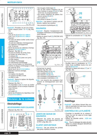 Impératif : Procéder vis par vis et dans
l’ordre indiqué (ordre 1 à 11) (fig. Mot.
33).
- Serrer :
• les 22 vis (9) à 0,9 ± 0,1 daN.m
• les 3 vis (12) à 0,9 ± 0,1 daN.m
- Reposer :
• le tube de liaison boîtier sortie d’eau/
pompe à eau
• le joint de collecteur d’échappement
• le collecteur d’échappement
• les 10 écrous
- Serrer les écrous du collecteur d’échap-
pement à 3,5 ± 0,3 daN.m.
- Reposer (fig. Mot. 2) :
• le joint du boîtier de sortie d’eau
• le boîtier de sortie d’eau (7)
• la plaque (6)
• la vanne EGR (5) (avec son joint)
• la tôle support
• le disque d’embrayage
• le mécanisme d’embrayage
• les 6 vis de fixation du mécanisme
- Centrer le disque d’embrayage à l’aide
de l’outil réf. 0214.
- Serrer les 6 vis à 2 ± 0,2 daN.m.
- Déposer l’outil de centrage.
- Reposer :
• le capteur de cliquetis
• le support de filtre à huile
• le filtre à huile
Impératif : Serrer le capteur de cliquetis
à 2 ± 0,5 daN.m.
- Reposer (fig. Mot. 1) :
• le répartiteur d’air (1) muni du boîtier
porte papillon et de la rampe d’injection
• les 2 écrous
• les 6 vis
• le collier (2)
- Serrer les 8 fixations du répartiteur d’air
(1) à 2 ± 0,5 daN.m.
Déshabillage
ACCESSOIRES SUR CULASSE
- Déposer (fig. Mot. 34) :
• les bougies d’allumage (5)
• les vis des carters chapeaux de pa-
liers d’arbres à cames (2) et (7). Des-
serrer les vis progressivement
• les carters chapeaux de paliers d’ar-
bres à cames (2) et (7)
• les 2 joints (1)
• les arbres à cames (3) et (6)
Attention : Les arbres à cames sont dif-
férents, repérer leur position.
• les poussoirs hydrauliques (4)
SOUPAPES
Impératif : Repérer l’emplacement des
soupapes d’admission et d’échappement
avant dépose.
- Mettre en place l’outil [1] (FACOM U43)
(fig. Mot. 35).
- Comprimer le ressort.
- Déposer (fig. Mot. 36) :
• les demi-cônes (8) et (14)
• les cuvettes (9) et (15)
• les ressorts (10) et (13)
• les soupapes d’échappement (11)
• les soupapes d’admission (12)
Nota : Les ressorts des soupapes d’ad-
mission et d’échappement sont iden-
tiques.
JOINTS DE QUEUE DE
SOUPAPES
- Déposer les joints de queues de
soupapes (16) à l’aide de l’outil [3] (réf.
0170Y à (fig. Mot. 37).
CLAPET ANTI-RETOUR
Attention : Ne pas abîmer les portées
des joints d’arbres à cames.
- Obturer la canalisation en ”a” (fig. Mot.
38).
- Souffler dans la canalisation en ”b” à
l’aide d’une soufflette munie d’un em-
bout de Ø 6,5 mm.
- Déposer le clapet anti-retour (17) en ”c”
(fig. Mot. 39).
Habillage
Impératif : Les pièces doivent être pro-
pres et exemptes de toute trace d’usure
anormale ou de choc.
CONTRÔLE DE LA PLANÉITÉ
- Contrôler la planéité de la culasse à
l’aide d’un jeu de cales et d’une règle
(fig. Mot. 40).
- Défaut de planéité admis : 0,05 mm
(maximum).
Nota : Pour le nettoyage des plans de joint,
utiliser du produit décapant DECAPLOC
88 (ou équivalent).
page 36
GÉNÉRALITÉSMÉCANIQUEÉQUIPEMENTÉLECTRIQUECARROSSERIE
MOTEUR EW10
Révision de la culasse
fig. Mot. 33
11 7 8 3 4 2 1 6 5 10 9
11 8 7 4 3 2 1 6 5 10 9
fig. Mot. 34
2 3 4
5
4 6 7
1 1
fig. Mot. 35
[1]
fig. Mot. 36
1211
10
9
8 14
15
13
fig. Mot. 37
[3]
16
fig. Mot. 38
b
a
fig. Mot. 39
17
c
L_03bMotEW.qxd 25/08/99 17:26 Page 36 (1,1)
 