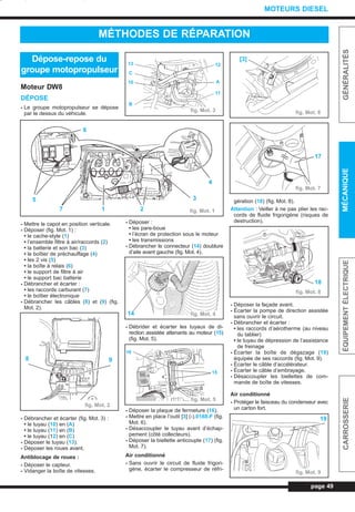 Moteur DW8
DÉPOSE
- Le groupe motopropulseur se dépose
par le dessus du véhicule.
- Mettre le capot en position verticale.
- Déposer (fig. Mot. 1) :
• le cache-style (1)
• l’ensemble filtre à air/raccords (2)
• la batterie et son bac (3)
• le boîtier de préchauffage (4)
• les 2 vis (5)
• la boîte à relais (6)
• le support de filtre à air
• le support bac batterie
- Débrancher et écarter :
• les raccords carburant (7)
• le boîtier électronique
- Débrancher les câbles (8) et (9) (fig.
Mot. 2).
- Débrancher et écarter (fig. Mot. 3) :
• le tuyau (10) en (A)
• le tuyau (11) en (B)
• le tuyau (12) en (C)
- Déposer le tuyau (13).
- Déposer les roues avant.
Antiblocage de roues :
- Déposer le capteur.
- Vidanger la boîte de vitesses.
- Déposer :
• les pare-boue
• l’écran de protection sous le moteur
• les transmissions
- Débrancher le connecteur (14) doublure
d’aile avant gauche (fig. Mot. 4).
- Débrider et écarter les tuyaux de di-
rection assistée attenants au moteur (15)
(fig. Mot. 5).
- Déposer la plaque de fermeture (16).
- Mettre en place l’outil [3] (-).0188-F (fig.
Mot. 6).
- Désaccoupler le tuyau avant d’échap-
pement (côté collecteurs).
- Déposer la biellette anticouple (17) (fig.
Mot. 7).
Air conditionné
- Sans ouvrir le circuit de fluide frigori-
gène, écarter le compresseur de réfri-
gération (18) (fig. Mot. 8).
Attention : Veiller à ne pas plier les rac-
cords de fluide frigorigène (risques de
destruction).
- Déposer la façade avant.
- Écarter la pompe de direction assistée
sans ouvrir le circuit.
- Débrancher et écarter :
• les raccords d’aérotherme (au niveau
du tablier)
• le tuyau de dépression de l’assistance
de freinage
- Écarter la boîte de dégazage (19)
équipée de ses raccords (fig. Mot. 9).
- Écarter le câble d’accélérateur.
- Écarter le câble d’embrayage.
- Désaccoupler les biellettes de com-
mande de boîte de vitesses.
Air conditionné
- Protéger le faisceau du condenseur avec
un carton fort.
page 49
GÉNÉRALITÉSMÉCANIQUEÉQUIPEMENTÉLECTRIQUECARROSSERIE
MOTEURS DIESEL
MÉTHODES DE RÉPARATION
Dépose-repose du
groupe motopropulseur
4
35
6
7 1 2 fig. Mot. 1
fig. Mot. 2
98
12
A
11
13
C
10
B
fig. Mot. 3
fig. Mot. 414
15
16
fig. Mot. 5
fig. Mot. 6
[3]
17
fig. Mot. 7
fig. Mot. 8
18
19
fig. Mot. 9
L_03cMotD.qxd 27/08/99 12:28 Page 49 (1,1)
 