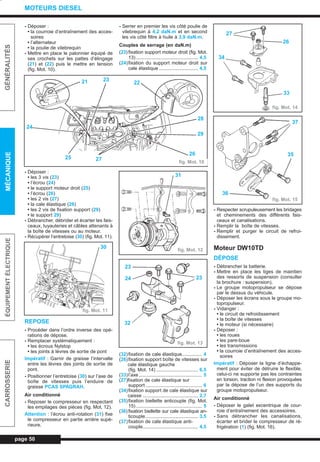 - Déposer :
• la courroie d’entraînement des acces-
soires
• l’alternateur
• la poulie de vilebrequin
- Mettre en place le palonnier équipé de
ses crochets sur les pattes d’élingage
(21) et (22) puis le mettre en tension
(fig. Mot. 10).
- Déposer :
• les 3 vis (23)
• l’écrou (24)
• le support moteur droit (25)
• l’écrou (26)
• les 2 vis (27)
• la cale élastique (28)
• les 2 vis de fixation support (29)
• le support 29)
- Débrancher, débrider et écarter les fais-
ceaux, tuyauteries et câbles attenants à
la boîte de vitesses ou au moteur.
- Récupérer l’entretoise (30) (fig. Mot. 11).
REPOSE
- Procéder dans l’ordre inverse des opé-
rations de dépose.
- Remplacer systématiquement :
• les écrous Nylstop
• les joints à lèvres de sortie de pont
Impératif : Garnir de graisse l’intervalle
entre les lèvres des joints de sortie de
pont.
- Positionner l’entretoise (30) sur l’axe de
boîte de vitesses puis l’enduire de
graisse PCAS SPAGRAH.
Air conditionné
- Reposer le compresseur en respectant
les empilages des pièces (fig. Mot. 12).
Attention : l’écrou anti-rotation (31) fixe
le compresseur en partie arrière supé-
rieure.
- Serrer en premier les vis côté poulie de
vilebrequin à 4,2 daN.m et en second
les vis côté filtre à huile à 3,9 daN.m.
Couples de serrage (en daN.m)
(23)fixation support moteur droit (fig. Mot.
13).............................................. 4,5
(24)fixation du support moteur droit sur
cale élastique ............................. 4,5
(32)fixation de cale élastique............... 4
(26)fixation support boîte de vitesses sur
cale élastique gauche
(fig. Mot. 14) ............................... 6,5
(33)l’axe............................................... 5
(27)fixation de cale élastique sur
support .......................................... 6
(34)fixation support de cale élastique sur
caisse ......................................... 2,7
(35)fixation biellette anticouple (fig. Mot.
15)................................................. 5
(36) fixation biellette sur cale élastique an-
ticouple....................................... 3,5
(37)fixation de cale élastique anti-
couple......................................... 4,5
- Respecter scrupuleusement les bridages
et cheminements des différents fais-
ceaux et canalisations.
- Remplir la boîte de vitesses.
- Remplir et purger le circuit de refroi-
dissement.
Moteur DW10TD
DÉPOSE
- Débrancher la batterie.
- Mettre en place les tiges de maintien
des ressorts de suspension (consulter
la brochure : suspension).
- Le groupe motopropulseur se dépose
par le dessus du véhicule.
- Déposer les écrans sous le groupe mo-
topropulseur.
- Vidanger :
• le circuit de refroidissement
• la boîte de vitesses
• le moteur (si nécessaire)
- Déposer :
• les roues
• les pare-boue
• les transmissions
• la courroie d’entraînement des acces-
soires
Impératif : Déposer la ligne d’échappe-
ment pour éviter de détruire le flexible,
celui-ci ne supporte pas les contraintes
en torsion, traction ni flexion provoquées
par la dépose de l’un des supports du
groupe motopropulseur.
Air conditionné
- Déposer le galet excentrique de cour-
roie d’entraînement des accessoires.
- Sans débrancher les canalisations,
écarter et brider le compresseur de ré-
frigération (1) (fig. Mot. 16).
page 50
GÉNÉRALITÉSMÉCANIQUEÉQUIPEMENTÉLECTRIQUECARROSSERIE
MOTEURS DIESEL
fig. Mot. 10
21 22
23
28
29
26
25
24
27
fig. Mot. 11
30
31
fig. Mot. 12
fig. Mot. 13
2324
23
32
26
27
34
33
fig. Mot. 14
fig. Mot. 15
37
35
36
L_03cMotD.qxd 27/08/99 12:28 Page 50 (1,1)
 