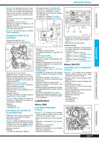 Impératif : En déposant une vis (12) sur
la poulie (13), s’assurer que ces vis (12)
ne sont pas en butée de boutonnière.
Dans le cas contraire, reprendre l’opé-
ration de repose de la courroie de dis-
tribution.
- Amener les vis (12) en contact contre
les poulies.
- Serrer les vis (12) à 2 daN.m.
- Déposer les piges de calage [3] - [2]
(fig. Mot. 43 et 45).
- Effectuer 8 tours de vilebrequin dans le
sens normal de rotation.
Impératif : Ne jamais revenir en arrière
avec le vilebrequin.
TENSION DE POSE DE LA
COURROIE
- Reposer les piges [2] - [3].
- Desserrer les vis (12) (fig. Mot. 49)
- Serrer les vis (12) à la main.
- Desserrer les vis (12) de 1/6 de tour.
- Mettre en place l’outil [1]sur le brin (A).
- Tourner le galet tendeur dans le sens
inverse des aiguilles d’une montre (à
l’aide de l’outil [9]).
- Afficher 54 ± 2 unités SEEM.
- Serrer la vis (8) à 2,3 daN.m (sans mo-
difier la position du galet).
- Serrer les vis (12) à 2 daN.m.
- Déposer l’outil [1] pour relâcher les ef-
forts internes.
- Reposer l’outil [1].
- La valeur de tension doit être comprise
entre 51 et 57 unités SEEM.
Impératif : Valeur relevée en dehors de
la tolérance : détendre la courroie et re-
commencer l’opération.
- Déposer :
• l’appareil [1]
• les piges [2] - [3]
CONTRÔLE DU CALAGE DE
LA DISTRIBUTION
- Effectuer 2 tours dans le sens de rota-
tion moteur sans revenir en arrière.
- Reposer la pige [2].
Impératif : Vérifier visuellement que le dé-
calage entre le trou de moyeux d’arbre
à cames et le trou de pigeage corres-
pondant ne soit pas supérieur à 1 mm.
- Déposer la pige [2].
- Reposer :
• le carter de distribution inférieur
• le support moteur (7) (fig. Mot. 50)
• les 3 vis (15) : serrage à 4,5 daN.m
• l’écrou (16) : serrage à 4,5 daN.m
• les éléments (6) du carter de distribu-
tion (fig. Mot. 44)
• la butée (5) : serrage à 3,2 daN.m
• le pontet (4) : serrage à 2,15 daN.m
- Reposer :
• l’arrêtoir du volant-moteur
• la biellette anticouple (3) (fig. Mot. 27)
- Serrer :
• la vis (39) à 5 daN.m
• la vis (40) à 3,5 daN.m
- Reposer la poulie d’entraînement des
accessoires.
- Nettoyer le taraudage de la vis de pou-
lie dans le vilebrequin en utilisant un ta-
raud M16 X 150.
- Brosser le filetage de la vis.
- Serrer la vis à 4 daN.m + LOCTITE
FRENETANCH.
- Compléter le serrage par une rotation
de 50° (à l’aide d’un outil genre FACOM
D360).
- Contrôler le serrage : 19,5 daN.m.
- Reposer la courroie d’entraînement des
accessoires.
- Déposer l’arrêtoir du volant-moteur.
- Reposer la plaque de fermeture : ser-
rage à 1,8 daN.m.
- Reposer la ligne d’échappement (rempla-
cer systématiquement le collier d’échap-
pement).
- Serrer les vis de roues à 8,5 daN.m.
- Reposer les différents organes en pro-
cédant dans l’ordre inverse des opéra-
tions de dépose.
Lubrification
Moteur DW8
CONTRÔLE PRESSION
D’HUILE
Attention : Le contrôle de la pression
d’huile s’effectue moteur chaud, après
vérification du niveau d’huile.
- Monter le raccord [3] (-).1503-E (fig. Mot.
51).
- Brancher le manomètre [1] et son fle-
xible [2].
- Brancher un compte-tours.
- Relever les pressions.
- Déposer le manomètre [1], son flexible
[2] et son raccord [3].
- Déposer le compte-tours.
- Reposer le manocontact de pression
d’huile avec un joint neuf (serrage à 3
daN.m).
- Reconnecter le manocontact.
Pression d’huile
- Les valeurs indiquées correspondent à
un moteur rôdé pour une température
d’huile de 80°C :
• contrôle 1 pression minimum
(bar)........................1,8 à 1000 tr/min
• contrôle 2 pression minimum
(bar)........................3,7 à 2000 tr/min
• contrôle 3 pression minimum
(bar)........................4,5 à 4000 tr/min
Moteur DW10TD
CONTRÔLE DE LA PRESSION
D’HUILE
Attention : Le contrôle de la pression
d’huile s’effectue moteur chaud, après
vérification du niveau d’huile.
- Déposer l’écran sous le groupe moto-
propulseur.
- Mettre en place un bac de vidange sous
le moteur.
- Déposer le filtre à huile.
- Poser l’outil [3] (-).1503-H en lieu et pla-
ce du filtre à huile.
- Poser l’ensemble des outils [1] et [2] sur
l’outil [3] (fig. Mot. 52).
- Mettre le moteur en marche.
- Relever les pressions.
- Déposer :
• le manomètre [1]
• le flexible [2]
• le raccord [3]
page 57
GÉNÉRALITÉSMÉCANIQUEÉQUIPEMENTÉLECTRIQUECARROSSERIE
MOTEURS DIESEL
fig. Mot. 51
fig. Mot. 50
fig. Mot. 49
fig. Mot. 52
[1]
A
[3]
8
[9]
12
16 7 15
[1] [2] [3]
[1]
[3]
[2]
L_03cMotD.qxd 27/08/99 12:28 Page 57 (1,1)
 