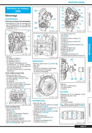 Démontage
ACCESSOIRES
CÔTÉ COLLECTEUR D’ÉCHAPPEMENT
- Désolidariser le tube de recyclage des
gaz d’échappement (5) du collecteur
d’échappement (6) et du répartiteur d’air
(3) (fig. Mot. 101).
- Déposer :
• le capteur de PMH (1)
• la pompe à vide (2)
• le répartiteur d’air (3)
• le collecteur d’échappement (6)
• simultanément, la tubulure d’admis-
sion (4) et le tube de recyclage des
gaz d’échappement (5)
• le boîtier d’entrée d’eau (7) (et durites
attenantes)
CÔTÉ POMPE D’INJECTION
- Déposer (fig. Mot. 102) :
• le câble de ralenti accéléré (8)
• le filtre à gazole (11) (cuve + filtre)
• le couvercle (13)
• le calorstat
• le boîtier de sortie d’eau (12)
• les tubes haute pression d’alimenta-
tion des injecteurs diesel (9)
• la durite de dégazage (10)
CÔTÉ DISTRIBUTION
- Déposer (fig. Mot.103) :
• les vis (14)
• la poulie (15)
• le carter (17) de pompe d’injection
• le carter supérieur (16)
• le carter inférieur (18)
• le couvre-culasse supérieur
• le couvre-culasse inférieur
- Piger le volant-moteur à l’aide de l’outil
[3] (-).0188-D (fig. Mot. 104).
EMBRAYAGE
- Mettre en place l’outil [1] (-).0188-F (fig.
Mot. 105).
- Déposer :
• les vis du mécanisme d’embrayage
• le mécanisme d’embrayage
• le disque d’embrayage
DISTRIBUTION
- Piger (fig. Mot. 106) :
• le pignon d’arbre à cames (27) à l’aide
de l’outil [4] (-).0188-E
• le pignon de pompe d’injection (32), à
l’aide de l’outil [2] (-).0188-H
- Desserrer les vis (26), (29) et (31) à l’aide
de l’outil [5] (-).0132-AA.
- Déposer :
• le galet tendeur (24)
• la courroie de distribution (30)
• la vis (21)
• le pignon de vilebrequin (22)
• la pompe à eau (23)
• le support moteur (25)
• les vis (29)
• la vis (26)
• le pignon d’arbre à cames (27)
• la pige [4]
• le moyeu d’arbre à cames (28)
• les vis (31)
• le pignon de pompe d’injection (32)
• la pige [2]
• le galet enrouleur (33)
- Déposer (fig. Mot. 107) :
• le filtre à huile (36)
• la vis (37)
• l’échangeur thermique (34)
• le manocontact de pression d’huile (35)
- Déposer :
• les vis du volant-moteur
• le volant-moteur
• l’outil [1]
CULASSE
- Desserrer les 10 vis (respecter l’ordre
préconisé) (fig. Mot. 108).
- Déposer :
• les 10 vis
• la culasse
• le joint de culasse
Nota : Utiliser au besoin, les leviers de dé-
collement de culasse (outil [6] (-). 0188-L).
page 67
GÉNÉRALITÉSMÉCANIQUEÉQUIPEMENTÉLECTRIQUECARROSSERIE
MOTEURS DIESEL
Révision du moteur
DW8
fig. Mot. 101
fig. Mot. 102
fig. Mot. 103
fig. Mot. 104
fig. Mot. 105
fig. Mot. 106
fig. Mot. 107
fig. Mot. 108
43
2
5
6
7
1
9
8
10 9
11
12
13
16
18
15 14
17
[3]
[1]
33
27
26
25
24
23
22
21
28
29 [4]
30
31
32
[2]
35
34 37 36
3
4
7 10
9
6
5
2
18
L_03cMotD.qxd 27/08/99 12:29 Page 67 (1,1)
 