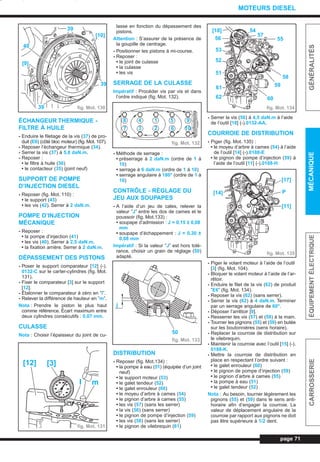 ÉCHANGEUR THERMIQUE -
FILTRE À HUILE
- Enduire le filetage de la vis (37) de pro-
duit (E6) (côté bloc moteur) (fig. Mot. 107).
- Reposer l’échangeur thermique (34).
- Serrer la vis (37) à 5,8 daN.m.
- Reposer :
• le filtre à huile (36)
• le contacteur (35) (joint neuf)
SUPPORT DE POMPE
D’INJECTION DIESEL
- Reposer (fig. Mot. 110) :
• le support (43)
• les vis (42). Serrer à 2 daN.m.
POMPE D’INJECTION
MÉCANIQUE
- Reposer :
• la pompe d’injection (41)
• les vis (40). Serrer à 2,5 daN.m.
• la fixation arrière. Serrer à 2 daN.m.
DÉPASSEMENT DES PISTONS
- Poser le support comparateur [12] (-).
0132-C sur le carter-cylindres (fig. Mot.
131).
- Fixer le comparateur [3] sur le support
[12].
- Étalonner le comparateur à zéro en ”l”.
- Relever la différence de hauteur en ”m”.
Nota : Prendre le piston le plus haut
comme référence. Écart maximum entre
deux cylindres consécutifs : 0,07 mm.
CULASSE
Nota : Choisir l’épaisseur du joint de cu-
lasse en fonction du dépassement des
pistons.
Attention : S’assurer de la présence de
la goupille de centrage.
- Positionner les pistons à mi-course.
- Reposer :
• le joint de culasse
• la culasse
• les vis
SERRAGE DE LA CULASSE
Impératif : Procéder vis par vis et dans
l’ordre indiqué (fig. Mot. 132).
- Méthode de serrage :
• préserrage à 2 daN.m (ordre de 1 à
10)
• serrage à 6 daN.m (ordre de 1 à 10)
• serrage angulaire à 180° (ordre de 1 à
10)
CONTRÔLE - RÉGLAGE DU
JEU AUX SOUPAPES
- A l’aide d’un jeu de cales, relever la
valeur ”J” entre les dos de cames et le
poussoir (fig. Mot.133) :
• soupape d’admission : J = 0,15 ± 0,08
mm
• soupape d’échappement : J = 0,30 ±
0,08 mm
Impératif : Si la valeur ”J” est hors tolé-
rance, choisir un grain de réglage (50)
adapté.
DISTRIBUTION
- Reposer (fig. Mot.134) :
• la pompe à eau (51) (équipée d’un joint
neuf)
• le support moteur (53)
• le galet tendeur (52)
• le galet enrouleur (60)
• le moyeu d’arbre à cames (54)
• le pignon d’arbre à cames (55)
• les vis (57) (sans les serrer)
• la vis (56) (sans serrer)
• le pignon de pompe d’injection (59)
• les vis (58) (sans les serrer)
• le pignon de vilebrequin (61)
- Serrer la vis (56) à 4,5 daN.m à l’aide
de l’outil [18] (-).0132-AA.
COURROIE DE DISTRIBUTION
- Piger (fig. Mot. 135) :
• le moyeu d’arbre à cames (54) à l’aide
de l’outil [14] (-).0188-E
• le pignon de pompe d’injection (59) à
l’aide de l’outil [11] (-).0188-H
- Piger le volant moteur à l’aide de l’outil
[3] (fig. Mot. 104).
- Bloquer le volant moteur à l’aide de l’ar-
rêtoir.
- Enduire le filet de la vis (62) de produit
”E6” (fig. Mot. 134).
- Reposer la vis (62) (sans serrer).
- Serrer la vis (62) à 4 daN.m. Terminer
par un serrage angulaire de 60°.
- Déposer l’arrêtoir [9].
- Resserrer les vis (57) et (58) à la main.
- Tourner les pignons (55) et (59) en butée
sur les boutonnières (sens horaire).
- Replacer la courroie de distribution sur
le vilebrequin.
- Maintenir la courroie avec l’outil [15] (-).
0188-K.
- Mettre la courroie de distribution en
place en respectant l’ordre suivant :
• le galet enrouleur (60)
• le pignon de pompe d’injection (59)
• le pignon d’arbre à cames (55)
• la pompe à eau (51)
• le galet tendeur (52)
Nota : Au besoin, tourner légèrement les
pignons (55) et (59) dans le sens anti-
horaire afin d’engager la courroie. La
valeur de déplacement angulaire de la
courroie par rapport aux pignons ne doit
pas être supérieure à 1/2 dent.
page 71
GÉNÉRALITÉSMÉCANIQUEÉQUIPEMENTÉLECTRIQUECARROSSERIE
MOTEURS DIESEL
fig. Mot. 130
fig. Mot. 131
fig. Mot. 132
fig. Mot. 133
fig. Mot. 134
fig. Mot. 135
40
39
39
39
[10]
[9]
[12] [3]
ml
8
7
4
3
1
2
5
6
9
10
j
50
[18]
56
54
57
55
58
59
60
53
52
51
61
62
[17]
[11]
[14] P
L_03cMotD.qxd 27/08/99 12:29 Page 71 (1,1)
 