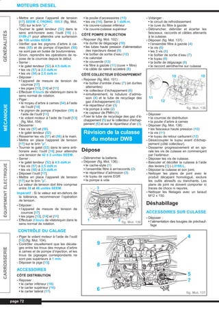 - Mettre en place l’appareil de tension
[17] SEEM C.TRONIC 105.5 (fig. Mot.
135) sur le brin ”p”.
- Tourner le galet tendeur (52) dans le
sens anti-horaire avec l’outil [16] (-).
0188-J1 pour atteindre une surtension
de 106 unités SEEM.
- Vérifier que les pignons d’arbre à ca-
mes (55) et de pompe d’injection (59)
ne sont pas en butée de boutonnières.
- Sinon, reprendre les opérations de re-
pose de la courroie depuis le début.
- Serrer :
• le galet tendeur (52) à 4,5 daN.m
• les vis (57) à 2,5 daN.m
• les vis (58) à 2,5 daN.m
- Déposer :
• l’appareil de mesure de tension de
courroie [17]
• les piges [13], [14] et [11]
- Effectuer 8 tours de vilebrequin dans le
sens normal de rotation.
- Piger :
• le moyeu d’arbre à cames (54) à l’aide
de l’outil [14]
• le pignon de pompe d’injection (59) à
l’aide de l’outil [11]
• le volant moteur à l’aide de l’outil [13]
(fig. Mot. 104)
- Desserrer :
• les vis (57) et (58)
• le galet tendeur (52)
- Resserrer les vis (57) et (58) à la main.
- Mettre en place l’appareil de tension
[17] sur le brin ”p”.
- Tourner le galet (52) dans le sens anti-
horaire avec l’outil [16] pour atteindre
une tension de 42 ± 2 unités SEEM.
- Serrer :
• le galet tendeur (52) à 4,5 daN.m
• les vis (57) à 2,5 daN.m
• les vis (58) à 2,5 daN.m
- Déposer l’outil [17].
- Mettre en place l’appareil de tension
[17] sur le brin ”p”.
- La valeur de tension doit être comprise
entre 38 et 46 unités SEEM.
Impératif : Si la valeur est en-dehors de
la tolérance, recommencer l’opération
de tension.
- Déposer :
• l’appareil de mesure de tension de
courroie [17]
• les piges [13], [14] et [11]
- Effectuer 2 tours de vilebrequin dans le
sens normal de rotation.
CONTRÔLE DU CALAGE
- Piger le volant moteur à l’aide de l’outil
[13] (fig. Mot. 104).
- Contrôler visuellement que les décala-
ges entre les trous des moyeux d’arbre
à cames et de pompe d’injection, et les
trous de pigeages correspondants ne
sont pas supérieurs à 1 mm.
- Déposer la pige [13].
ACCESSOIRES
CÔTÉ DISTRIBUTION
- Reposer :
• le carter inférieur (18)
• le carter supérieur (16)
• le carter latéral (17)
• la poulie d’accessoires (15)
• les vis (14). Serrer à 1 daN.m.
• le couvre-culasse inférieur
• le couvre-culasse supérieur
CÔTÉ POMPE D’INJECTION
- Reposer (fig. Mot. 102) :
• la durite de dégazage (10)
• les tubes haute pression d’alimentation
des injecteurs diesel (9)
• le boîtier de sortie d’eau (12)
• le calorstat
• le couvercle (13)
• le filtre à gazole (11) (cuve + filtre)
• le câble de ralenti accéléré (8)
CÔTÉ COLLECTEUR D’ÉCHAPPEMENT
- Reposer (fig. Mot. 101) :
• le boîtier d’entrée d’eau (7) (et durites
attenantes)
• le collecteur d’échappement (6)
• simultanément, la tubulure d’admis-
sion (4) et le tube de recyclage des
gaz d’échappement (5)
• le répartiteur d’air (3)
• la pompe à vide (2)
• le capteur de PMH (1)
- Fixer le tube de recyclage des gaz d’é-
chappement (5) sur le collecteur d’échap-
pement (6) et sur le répartiteur d’air (3).
Dépose
- Débrancher la batterie.
- Déposer (fig. Mot. 136) :
• le cache-style (1)
• l’ensemble filtre à air/raccords (2)
• le répartiteur d’admission (3)
• le tuyau de vanne EGR
• la pompe à vide
- Vidanger :
• le circuit de refroidissement
• la cuve du filtre à gazole
- Débrancher, débrider et écarter les
faisceaux, raccords et câbles attenants
à la culasse.
- Déposer (fig. Mot. 137) :
• l’ensemble filtre à gazole (4)
• la vis (6)
• les 3 vis (5)
• le boîtier de sortie d’eau (7)
• le tuyau (8)
• la boîte de dégazage (9)
• le raccord aérotherme sur culasse
- Déposer :
• la courroie de distribution
• la poulie d’arbre à cames
- Déposer (fig. Mot. 138) :
• les faisceaux haute pression (10)
• la vis (11)
• le tuyau de retour carburant (12)
- Désaccoupler le tuyau avant d’échap-
pement (côté collecteur).
- Desserrer progressivement et en spi-
rale les vis de culasse en commençant
par l’extérieur.
- Déposer les vis de culasse.
- Basculer et décoller la culasse à l’aide
des leviers [1] (-).0188-L.
- Déposer la culasse et son joint.
- Nettoyer les plans de joint avec le
produit décapant homologué, exclure
les outils abrasifs ou tranchants. Les
plans de joint ne doivent comporter ni
traces de chocs ni rayures.
- Nettoyer les filetages avec un taraud
M12 x 150.
Déshabillage
ACCESSOIRES SUR CULASSE
- Déposer :
• l’alimentation des bougies de préchauf-
fage
page 72
GÉNÉRALITÉSMÉCANIQUEÉQUIPEMENTÉLECTRIQUECARROSSERIE
MOTEURS DIESEL
Révision de la culasse
du moteur DW8
fig. Mot. 136
fig. Mot. 137
3
1 2
4
5
7
6
9
8
fig. Mot. 138
1010
11
12
L_03cMotD.qxd 27/08/99 12:29 Page 72 (1,1)
 