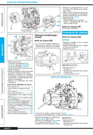- Reposer (fig. BV. 20) :
• le limiteur de débattement (22)
• la vis (21) (serrage à 3,5 daN.m)
• la vis (20) (serrage à 5 daN.m)
- Procéder dans l’ordre inverse des opé-
rations de dépose.
- Remplir et contrôler le niveau de la boîte
de vitesses (mettre de l’huile neuve).
- Effectuer le contrôle de la commande
de débrayage à câble avec rattrapage
automatique : Contrôle-Réglage Com-
mande de Débrayage.
- Effectuer une initialisation des divers
calculateurs.
COUPLES DE SERRAGE (en daN.m)
- Axe de boîte (13)............................... 5
- Vis de fixation du support de boîte
(10) .................................................. 6
- Vis de cale (8) ................................... 3
- Écrou d’axe de boîte (7) ................. 6,5
- Vis de fixation (5) du support bac bat-
terie (6) .............................................. 2
- Vis de fixation (38) du cylindre récep-
teur d’embrayage............................... 2
- Vis (20) du limiteur de débattement .. 5
- Vis (21) du limiteur de débattement ... 3,5
- Fixation (25) prolonge différentiel... 1,5
- Vis de fixation inférieures (30) de la boîte
de vitesses....................................... 5,5
- Vis de fixation supérieures (31) de la
boîte de vitesses............................. 5,5
- Vis de fixation du démarreur .......... 3,5
- Écrou de palier de transmission... 1,35
Vidange-remplissage-
niveau
Boîte de vitesse MA
Nota : En cas de contacts cutanés fré-
quents avec du lubrifiant, il est recom-
mandé de porter des gants de protection.
- Bouchon de vidange (1) : couple de ser-
rage 2,5 daN.m (fig. BV. 28).
- Bouchon de remplissage et de niveau
(2) : couple de serrage 2,5 daN.m.
- Vidanger la boîte de vitesses à chaud.
- Remplacer systématiquement le joint
de bouchon de vidange et de remplis-
sage niveau.
- Agiter le bidon d’huile neuve avant em-
ploi pour homogénéiser le mélange (les
additifs se déposent au fond du bidon).
- Capacité d’huile : 2 litres.
- Huile préconisée :
• ESSO GEAR OIL BV 75W-80W
• TOTAL TRANSMISSION BV 75W-
80W nouvelle formule
Boîte de vitesses BE
(voir schéma ci-dessous)
Boîte de vitesses MA
DÉPOSE
- Déclipper le soufflet (1) de la console
centrale (fig. BV. 29).
- Déposer l’ensemble pommeau - soufflet
en tirant vers le haut (A).
- Déposer les vis (2).
MOTEURS TU1 ET TU3
- Déposer (fig. BV. 1) :
• le collier (1)
• les tuyaux de réaspiration des vapeurs
d’huile en (A)
• l’ensemble filtre à air (2)
MOTEUR TU5
- Déposer (fig. BV. 2) :
• les colliers (1)
• les tuyaux de réaspiration des vapeurs
d’huile en (A)
page 84
GÉNÉRALITÉSMÉCANIQUEÉQUIPEMENTÉLECTRIQUECARROSSERIE
BOÎTE DE VITESSES MÉCANIQUE
BOÎTE DE VITESSES BE
(1) bouchon de vidange : couple de serrage 3,5 daN.m
(2) bouchon de remplissage niveau : couple de serrage 2,2 daN.m
Commande de vitesses
fig. BV 26
fig. BV 27
fig. BV 28
fig. BV 29
17
16
14
15
A
38
18
38
21
12
2
1
A
L_05aBVM.qxd 27/08/99 12:27 Page 84 (1,1)
 