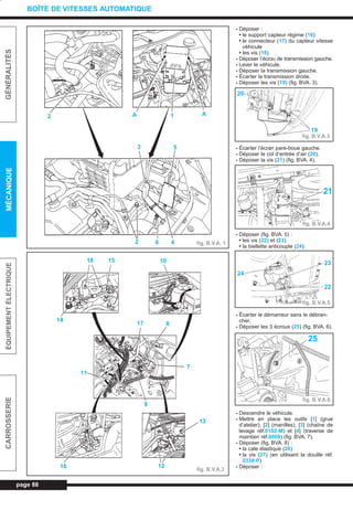 - Déposer :
• le support capteur régime (16)
• le connecteur (17) du capteur vitesse
véhicule
• les vis (18)
- Déposer l’écrou de transmission gauche.
- Lever le véhicule.
- Déposer la transmission gauche.
- Écarter la transmission droite.
- Déposer les vis (19) (fig. BVA. 3).
- Écarter l’écran pare-boue gauche.
- Déposer le col d’entrée d’air (20).
- Déposer la vis (21) (fig. BVA. 4).
- Déposer (fig. BVA. 5) :
• les vis (22) et (23)
• la biellette anticouple (24)
- Écarter le démarreur sans le débran-
cher.
- Déposer les 3 écrous (25) (fig. BVA. 6).
- Descendre le véhicule.
- Mettre en place les outils [1] (grue
d’atelier), [2] (manilles), [3] (chaîne de
levage réf.0102-M) et [4] (traverse de
maintien réf.0009) (fig. BVA. 7).
- Déposer (fig. BVA. 8) :
• la cale élastique (26)
• la vis (27) (en utilisant la douille réf.
0338-P)
- Déposer :
page 88
GÉNÉRALITÉSMÉCANIQUEÉQUIPEMENTÉLECTRIQUECARROSSERIE
BOÎTE DE VITESSES AUTOMATIQUE
2 A A1
3 5
2 6 4 fig. B.V.A. 1
fig. B.V.A.2
fig. B.V.A.3
fig. B.V.A.4
fig. B.V.A.5
fig. B.V.A.6
18 15 10
14
17 8
7
11
9
13
1216
19
20
21
23
22
24
25
L_05bBVA.qxd 27/08/99 12:26 Page 88 (1,1)
 
