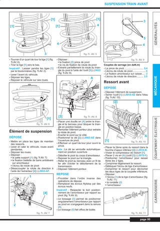 page 95
GÉNÉRALITÉSMÉCANIQUEÉQUIPEMENTÉLECTRIQUECARROSSERIE
SUSPENSION TRAIN AVANT
- Tourner d’un quart de tour la tige [1] (fig.
Tr.AV. 6).
- Tirer la tige [1] vers le bas.
Impératif : Laisser pendre les tiges [1]
par le boutonnières (fig. Tr.AV. 2).
- Lever l’avant du véhicule.
- Déposer les tiges.
- Reposer le véhicule sur ses roues.
Élément de suspension
DÉPOSE
- Mettre en place les tiges de maintien
des ressorts.
- Lever et caler le véhicule, roues avant
pendantes.
- Déposer les roues.
- Déposer :
• la patte support (1) (fig. Tr.AV. 7)
• la fixation biellette de barre antidévers
sur amortisseur
• l’écrou de rotule de pivot
- Désaccoupler la rotule de direction à
l’aide de l’extracteur [4] (-).0803-AF.
- Déposer :
• la fixation (2) pince de pivot
• la vis de fixation de rotule de pivot
- Extraire partiellement la rotule du trian-
gle du pivot à l’aide de l’outil [3] (-).0622
(fig. Tr.AV. 8).
- Placer une douille en (A) entre le trian-
gle et le berceau pour bloquer le trian-
gle en position basse.
- Remonter l’élément porteur pour extraire
la rotule de pivot.
- Écarter le pivot sur le côté.
- Positionner la clé [2] (-).0903-AE dans
l’ouverture de pivot.
- Effectuer un quart de tour pour ouvrir la
pince.
Nota : La clé se verrouille automatique-
ment en position ouverture.
- Déboîter le pivot du corps d’amortisseur.
- Reposer le pivot sur le triangle.
- Relier le pivot au berceau avec un fil de
fer afin d’éviter le déboîtement de la
transmission.
- Déposer l’élément porteur.
REPOSE
- Procéder dans l’ordre inverse des
opérations de dépose.
- Remplacer les écrous Nylstop par des
écrous neufs.
Impératif : Respecter le bon position-
nement de l’amortisseur par rapport au
pivot (fig. Tr.AV. 9).
- Le bossage (3) permet de positionner
angulairement l’amortisseur par rapport
au pivot en s’engageant dans la rainure
(4).
- Le bossage (5) fait office de butée.
Couples de serrage (en daN.m)
- La pince de pivot ............................ 5,4
- L’écrou de rotule de pivot................... 4
- La fixation amortisseur sur caisse..... 2
- L’écrou de rotule de direction.......... 3,5
Ressort avant
DÉPOSE
- Déposer l’élément de suspension.
- Serrer l’outil [1] (-).0910-AZ dans l’étau
(fig. Tr.AV. 10).
- Placer la 2ème spire du ressort dans la
fourche d’appui inférieur [2] (-).0910-B.
- Visser le compresseur de ressort [1].
- Placer 2 vis en (A) (outil [3] (-).0910-F).
- Positionner l’amortisseur pour laisser
libres les 2 tiges.
- Comprimer légèrement le ressort.
- Débloquer l’écrou de tige d’amortisseur.
- Comprimer le ressort pour décrocher
les deux tiges de la coupelle inférieure.
- Déposer :
• l’écrou (1) de la tige d’amortisseur (fig.
Tr.AV. 11)
• la rondelle (2)
• l’amortisseur
fig. Tr. AV. 5
[1]
[1]
[1]
[1]
4
4
3
3
fig. Tr. AV. 6
[1]
fig. Tr. AV. 7
[4]
1
2
[3]
A
fig. Tr. AV. 8
fig. Tr. AV. 9
3
5
4
fig. Tr. AV. 10
[3]
A
[2]
[1]
fig. Tr. AV. 11
2 1
L_07aTAV.qxd 25/08/99 17:28 Page 95 (1,1)
 