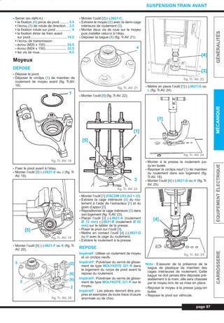 page 97
GÉNÉRALITÉSMÉCANIQUEÉQUIPEMENTÉLECTRIQUECARROSSERIE
SUSPENSION TRAIN AVANT
- Serrer (en daN.m) :
• la fixation (5) pince de pivot ......... 5,5
• l’écrou (3) de rotule de direction .. 3,5
• la fixation rotule sur pivot ................ 4
• la fixation étrier de frein avant
sur pivot.......................................10,5
• l’écrou de transmission :
- écrou (M20 x 150)...................... 24,5
- écrou (M24 x 150)...................... 32,5
• les vis de roue.............................. 8,5
Moyeux
DÉPOSE
- Dépose le pivot.
- Déposer le circlips (1) de maintien de
roulement de moyeu avant (fig. Tr.AV.
18).
- Fixer le pivot avant à l’étau.
- Monter l’outil [5] (-).0621-E ou J (fig. Tr.
AV. 19).
- Monter l’outil [6] (-).0621-F ou K (fig. Tr.
AV. 20).
- Monter l’outil [2] (-).0621-C.
- Extraire le moyeu (2) avec la demi-cage
intérieure de roulement (3).
- Monter deux vis de roue sur le moyeu
puis installer celui-ci à l’étau.
- Déposer la bague (4) (fig. Tr.AV. 21).
- Monter l’outil [5] (fig. Tr.AV. 22).
- Monter l’outil [1] (FACOM U53 (k2 + t2).
- Extraire la cage intérieure (3) du rou-
lement à l’aide de l’extracteur [1] et du
grain d’appui [5].
- Repositionner la cage intérieure (3) dans
son logement (fig. Tr.AV. 23).
- Placer l’outil [3] (-).0621-A (roulement
Ø 72 mm) (-).0621-B (roulement Ø 82
mm) sur le tablier de la presse.
- Poser le pivot sur l’outil [3].
- Mettre en contact l’outil [4] (-).0621-D
ou H avec la cage du roulement.
- Extraire le roulement à la presse.
REPOSE
Impératif : Utiliser un roulement de moyeu
et un circlips neufs.
Impératif : Pulvériser du vernis de glisse-
ment de type MOLYKOTE 321 R dans
le logement du corps de pivot avant la
repose du roulement.
Impératif : Pulvériser du vernis de glisse-
ment de type MOLYKOTE 321 R sur le
moyeu.
Impératif : Les pièces devront être pro-
pres et exemptes de toute trace d’usure
anormale ou de choc.
- Mettre en place l’outil [7] (-).0621-G ou
L (fig. Tr.AV. 24).
- Monter à la presse le roulement jus-
qu’en butée.
- Reposer le circlips neuf (1) de maintien
du roulement dans son logement (fig.
Tr.AV. 18).
- Monter l’outil [4] (-).0621-D ou H (fig. Tr.
AV. 25).
Nota : S’assurer de la présence de la
bague de plastique de maintien des
cages intérieures de roulement. Cette
bague ne doit jamais être déposée pré-
alablement à la main, elle sera chassée
par le moyeu lors de sa mise en place.
- Reposer le moyeu à la presse jusqu’en
butée.
- Reposer le pivot sur véhicule.
fig. Tr. AV. 18
1
[5]
fig. Tr. AV. 19
fig. Tr. AV. 20
3
2
2
[2]
[6]
[6]
4
fig. Tr. AV. 21
fig. Tr. AV. 22
3
[5]
[1]
[3]
[4]
fig. Tr. AV. 23
[7]
fig. Tr. AV. 24
fig. Tr. AV. 25
[4]
L_07aTAV.qxd 25/08/99 17:29 Page 97 (1,1)
 