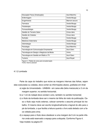 10

         Educação Física (Graduação)                         Azul Marinho
         Enfermagem                                          Verde Musgo
         Engenharias                                         Marrom escuro
         Farmácia                                            Verde Musgo
         Fisioterapia                                        Verde Musgo
         Fonoaudiologia                                      Verde Musgo
         Gestão do Terceiro Setor                            Cinza claro
         Gestão de Cidades                                   Cinza claro
         Nutrição                                            Verde Musgo
         Medicina Veterinária                                Verde Musgo
         Odontologia                                         Verde Musgo
         Psicologia                                          Azul Marinho
         Tecnologia em Comunicação Empresarial               Azul Claro
         Tecnologia em Design e Negócios da Moda             Vinho
         Tecnologia em Gestão em Rádio e TV                  Azul Claro
         Turismo                                             Azul Royal
         Figura 3 – Paleta de cores para encadernação
         Fonte: Acervo pessoal




4.1.2 Lombada




      Parte da capa do trabalho que reúne as margens internas das folhas, sejam
elas costuradas ou coladas, deve conter as informações abaixo, grafadas em Arial:
      a) sigla da Universidade - UNIBAN - em caixa alta (letra maiúscula) a 3 cm da
         margem superior, no sentido horizontal;
      b) a 1 cm do rodapé deve constar o ano, também no sentido horizontal;
      c) o título da lombada deve ser o mesmo da folha de rosto da publicação. Ca-
         so o título seja muito extenso, colocar somente o assunto principal do tra-
         balho. O mesmo deve ser escrito longitudinalmente e legível do alto para o
         pé da lombada, o que facilita a leitura quando o livro está deitado com a fa-
         ce voltada para cima;
      d) o espaço para o título deve obedecer a uma margem de 5 cm na parte infe-
         rior onde está reservado o espaço para a etiqueta. Conforme Figura 4.
      Veja modelo na página 57.
 