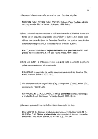 23


c) livro com três autores – são separados com ; (ponto e vírgula).


  NORTON, Peter; AITKEN, Peter; WILTON, Richard. Peter Norton: a bíblia
  do programador. Rio de Janeiro: Campus, 1994. 640 p.



d) livro com mais de três autores – indica-se somente o primeiro, acrescen-
  tando-se em seguida a expressão latina “et al.” (e outros). Em casos espe-
  cíficos, tais como Projetos de Pesquisa Científica, nos quais a menção dos
  autores for indispensável, é facultado indicar todos os autores.


  BRITO, Edson Vianna et al. Imposto de renda das pessoas físicas: livro
  prático de consulta diária. 6. ed. São Paulo: Frase, 1996. 288 p.



e) livro sem autor – a entrada deve ser feita pelo título e somente a primeira
  palavra escreve-se em letra maiúscula


  EDUCAÇÃO e promoção da saúde no programa do controle de raiva. São
  Paulo: Instituto Pasteur, 2000. 28 p.



f) livro em que o autor é organizador (Org.), compilador (Comp.), editor (Ed.),
  coordenador (Coord.), etc.


  CARVALHO, N. M.; NAGAKAWA, J. (Org.). Sementes: ciência, tecnologia
  e produção. 3. ed. Campinas: Fundação Cargill, 1988. 424 p.



g) livro em que o autor do capítulo é diferente do autor do livro


  DEL NEGRO, G. Doenças produzidas por fungos. In: GUIMARÃES, R. X.;
  GUERRA, C. C. Clínica e laboratório: interpretação clínica das provas la-
  boratoriais. São Paulo: Sarvier, 1976. cap. 8, p. 255-300.
 