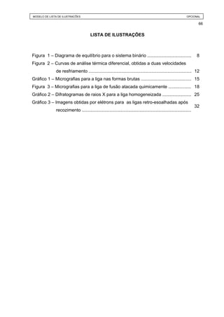 MODELO DE LISTA DE ILUSTRAÇÕES                                                                               OPCIONAL

                                                                                                                     66


                                       LISTA DE ILUSTRAÇÕES



Figura 1 – Diagrama de equilíbrio para o sistema binário ...................................                         8
Figura 2 – Curvas de análise térmica diferencial, obtidas a duas velocidades
              de resfriamento .................................................................................. 12
Gráfico 1 – Micrografias para a liga nas formas brutas ........................................ 15
Figura 3 – Micrografias para a liga de fusão atacada quimicamente .................. 18
Gráfico 2 – Difratogramas de raios X para a liga homogeneizada ....................... 25
Gráfico 3 – Imagens obtidas por elétrons para as ligas retro-esoalhadas após
                                                                                                                    32
              recozimento .......................................................................................
 