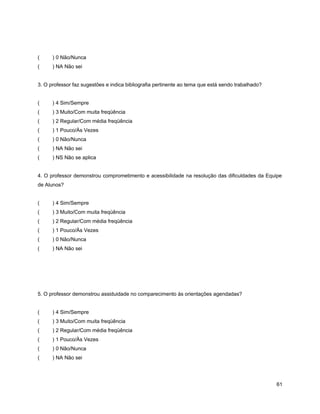 ( ) 0 Não/Nunca
( ) NA Não sei
3. O professor faz sugestões e indica bibliografia pertinente ao tema que está sendo trabalhado?
( ) 4 Sim/Sempre
( ) 3 Muito/Com muita freqüência
( ) 2 Regular/Com média freqüência
( ) 1 Pouco/Às Vezes
( ) 0 Não/Nunca
( ) NA Não sei
( ) NS Não se aplica
4. O professor demonstrou comprometimento e acessibilidade na resolução das dificuldades da Equipe
de Alunos?
( ) 4 Sim/Sempre
( ) 3 Muito/Com muita freqüência
( ) 2 Regular/Com média freqüência
( ) 1 Pouco/Às Vezes
( ) 0 Não/Nunca
( ) NA Não sei
5. O professor demonstrou assiduidade no comparecimento às orientações agendadas?
( ) 4 Sim/Sempre
( ) 3 Muito/Com muita freqüência
( ) 2 Regular/Com média freqüência
( ) 1 Pouco/Às Vezes
( ) 0 Não/Nunca
( ) NA Não sei
61
 