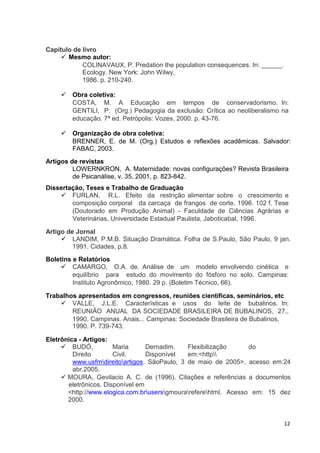 Capítulo de livro
       Mesmo autor:
            COLINAVAUX, P. Predation the population consequences. In:     _.
            Ecology. New York: John Wilwy,
            1986. p. 210-240.

        Obra coletiva:
        COSTA, M. A Educação em tempos de conservadorismo. In:
        GENTILI, P. (Org.) Pedagogia da exclusão: Crítica ao neoliberalismo na
        educação. 7ª ed. Petrópolis: Vozes, 2000. p. 43-76.

        Organização de obra coletiva:
        BRENNER, E. de M. (Org.) Estudos e reflexões acadêmicas. Salvador:
        FABAC, 2003.
Artigos de revistas
         LOWERNKRON, A. Maternidade: novas configurações? Revista Brasileira
         de Psicanálise, v. 35, 2001, p. 823-842.
Dissertação, Teses e Trabalho de Graduação
        FURLAN, R.L. Efeito da restrição alimentar sobre o crescimento e
        composição corporal da carcaça de frangos de corte. 1996. 102 f. Tese
        (Doutorado em Produção Animal) - Faculdade de Ciências Agrárias e
        Veterinárias, Universidade Estadual Paulista, Jaboticabal, 1996.

Artigo de Jornal
         LANDIM, P.M.B. Situação Dramática. Folha de S.Paulo, São Paulo, 9 jan.
         1991. Cidades, p.8.
Boletins e Relatórios
         CAMARGO, O.A. de. Análise de um modelo envolvendo cinética e
         equilíbrio para estudo do movimento do fósforo no solo. Campinas:
         Instituto Agronômico, 1980. 29 p. (Boletim Técnico, 66).

Trabalhos apresentados em congressos, reuniões científicas, seminários, etc
        VALLE, J.L.E. Características e usos do leite de bubalinos. In:
        REUNIÃO ANUAL DA SOCIEDADE BRASILEIRA DE BUBALINOS, 27.,
        1990, Campinas. Anais... Campinas: Sociedade Brasileira de Bubalinos,
        1990. P. 739-743.

Eletrônica - Artigos:
         BUDÓ,         Maria      Dernadim.    Flexibilização     do
         Direito       Civil.     Disponível   em:<http
         www.usfmdireitoartigos. SãoPaulo, 3 de maio de 2005>, acesso em:24
         abr.2005.
       MOURA, Gevilacio A. C. de (1996). Citações e referências a documentos
       eletrônicos. Disponível em
       <http://www.elogica.com.brusersgmourareferehtml. Acesso em: 15 dez
       2000.


                                                                               12
 