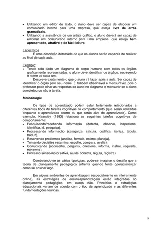 • Utilizando um editor de texto, o aluno deve ser capaz de elaborar um
  comunicado interno para uma empresa, que esteja livre de erros
  gramaticais.
• Utilizando a assistência de um artista gráfico, o aluno deverá ser capaz de
  elaborar um comunicado interno para uma empresa, que esteja bem
  apresentado, atrativo e de fácil leitura.

Específicos
        É uma descrição detalhada do que os alunos serão capazes de realizar
ao final de cada aula.

Exemplo:
• Tendo sido dado um diagrama do corpo humano com todos os órgãos
   graficamente representados, o aluno deve identificar os órgãos, escrevendo
   o nome de cada um.
         Descreve exatamente o que o aluno irá fazer após a aula: Ser capaz de
identificar o órgão pelo seu nome. É também observável e mensurável, pois o
professor pode olhar as respostas do aluno no diagrama e mensurar se o aluno
completou ou não a tarefa.

Metodologia

        Os tipos de aprendizado podem estar fortemente relacionados a
diferentes tipos de tarefas cognitivas do comportamento (que serão utilizadas
enquanto o aprendizado ocorre ou que serão alvo do aprendizado). Como
exemplo, Kearsley (1993) relaciona as seguintes tarefas cognitivas de
comportamento:
• Pesquisando/recebendo        informação (detecta, observa, inspeciona,
    identifica, lê, pesquisa).
• Processando informação (categoriza, calcula, codifica, iteniza, tabula,
    traduz).
• Resolvendo problemas (analisa, formula, estima, planeja).
• Tomando decisões (examina, escolhe, compara, avalia).
• Comunicando (aconselha, pergunta, direciona, informa, instrui, requisita,
    transmite).
• Processo senso-motor (ativa, ajusta, conecta, regula, registra).

       Combinando-se as várias tipologias, pode-se imaginar o desafio que a
teoria de planejamento pedagógico enfrenta quando tenta operacionalizar
como se ensinar algo.

        Em alguns ambientes de aprendizagem (especialmente os inteiramente
online), as estratégias de ensino-aprendizagem estão integradas no
planejamento pedagógico, em outros não. Princípios e estratégias
educacionais variam de acordo com o tipo de aprendizado e as diferentes
fundamentações teóricas.




                                                                                 26
 