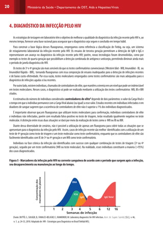 20 Ministério da Saúde • Departamento de DST, Aids e HepatitesVirais
4. DIAGNÓSTICO DA INFECÇÃO PELO HIV
AsestratégiasdetestagememlaboratóriotêmoobjetivodemelhoraraqualidadedodiagnósticodainfecçãorecentepeloHIVe,ao
mesmo tempo, fornecer uma base racional para assegurar que o diagnóstico seja seguro e concluído em tempo hábil.
Para construir a base lógica desses fluxogramas, empregamos como referência a classificação de Fiebig, ou seja, um sistema
de estagiamento laboratorial da infecção recente pelo HIV. Os ensaios de terceira geração permitiram a detecção de IgM e IgG e
representaram um avanço no diagnóstico da infecção recente pelo HIV; porém, novas tecnologias foram desenvolvidas, como por
exemplo os testes de quarta geração que possibilitam a detecção combinada de antígeno e anticorpo, permitindo diminuir ainda mais
o período de janela diagnóstica do HIV.
Ostestesde3ªe4ªgeraçãosãomaissensíveisdoqueostestesconfirmatóriosconvencionais(Westernblot-WB,Imunoblot-IB, ou
Imunoblot Rápido - IBR), tornando fluxogramas com essa composição de ensaios inadequados para a detecção de infecções recentes
e de baixo custo-efetividade. Por essa razão, testes moleculares empregados como testes confirmatórios são mais adequados para o
diagnóstico de infecções agudas e/ou recentes.
Poroutrolado,existemindivíduos,chamadosdecontroladoresdeelite,quemantêmaviremiaemumnívelquepodeserindetectável
em testes moleculares. Nesses casos, o diagnóstico só pode ser realizado mediante a utilização dos testes confirmatórios WB, IB e IBR
citados.
A estimativa do número de indivíduos considerados controladores de eliteG
depende de dois parâmetros: o valor da CargaViral e
otempoemqueoindivíduopermanececomaCargaViralabaixo(ouigual)aessevalor.Estudosrecentesemindivíduosinfectadoseem
doadores de sangue sugerem que a ocorrência de controladores de elite não é superior a 1% dos indivíduos diagnosticados.
É importante observar que,em fluxogramas que utilizam testes moleculares para confirmação, indivíduos controladores de elite
e indivíduos não infectados, porém com resultado falso-positivo no teste de triagem, terão resultado igualmente negativo no teste
molecular. A distinção entre essas duas situações se dará por meio da realização de testes como o WB ou IB ou IBR.
Diante dessa diversidade de cenários, não é possível a utilização de apenas um fluxograma para cobrir todas as situações que se
apresentam para o diagnóstico da infecção pelo HIV. Assim, casos de infecção recente são melhor identificados com a utilização de um
teste de 4ª geração como teste de triagem e um teste molecular como teste confirmatório, enquanto que os controladores de elite são
facilmente identificados com IE de 3ª ou 4ª geração e umWB como teste confirmatório.
Indivíduos na fase crônica da infecção são identificados com sucesso com qualquer combinação de testes de triagem (3ª ou 4ª
geração), seguido por um teste confirmatório (WB ou teste molecular). Na realidade, esses indivíduos constituem a maioria (>95%)
dos casos diagnosticados.
Figura 5 - Marcadores da infecção pelo HIV na corrente sanguínea de acordo com o período que surgem após a infecção,
seu desaparecimento ou manutenção ao longo do tempo.
1 2 3 4 5 6 12 16
Semanas de infecção
RNA
P24
Concentraçãodos
marcadoresnoplasma
IgM IgG Total
(Fonte: BUTTÒ, S.; SULIGOI, B.; FANALES-BELASIO, E.; RAIMONDO, M. Laboratory diagnostics for HIV infection. Ann. Ist. Super. Sanità, [S.l.], v. 46,
n. 1, p. 24-33, 2010. Adaptado de: HIV - Estratégias para Diagnóstico no BrasilTelelab/MS).
 