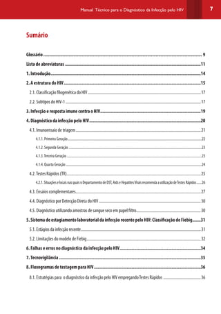 7Manual Técnico para o Diagnóstico da Infecção pelo HIV
Sumário
Glossário.................................................................................................................................... 9
Lista de abreviaturas.................................................................................................................11
1. Introdução.............................................................................................................................14
2. A estrutura do HIV..................................................................................................................15
2.1. Classificação filogenética do HIV.................................................................................................................17
2.2. Subtipos do HIV-1.......................................................................................................................................17
3. Infecção e resposta imune contra o HIV....................................................................................19
4. Diagnóstico da infecção pelo HIV.............................................................................................20
4.1. Imunoensaio de triagem.............................................................................................................................21
4.1.1. Primeira Geração............................................................................................................................................................22
4.1.2. Segunda Geração...........................................................................................................................................................23
4.1.3.Terceira Geração.............................................................................................................................................................23
4.1.4. Quarta Geração..............................................................................................................................................................24
4.2.Testes Rápidos (TR)......................................................................................................................................25
4.2.1.SituaçõeselocaisnasquaisoDepartamentodeDST,AidseHepatitesViraisrecomendaautilizaçãodeTestesRápidos.......26
4.3. Ensaios complementares.............................................................................................................................27
4.4. Diagnóstico por Detecção Direta do HIV......................................................................................................30
4.5. Diagnóstico utilizando amostras de sangue seco em papel filtro.................................................................30
5. Sistema de estagiamento laboratorial da infecção recente pelo HIV: Classificação de Fiebig.......31
5.1. Estágios da infecção recente........................................................................................................................31
5.2. Limitações do modelo de Fiebig..................................................................................................................32
6. Falhas e erros no diagnóstico da infecção pelo HIV....................................................................34
7.Tecnovigilância......................................................................................................................35
8. Fluxogramas de testagem para HIV.........................................................................................36
8.1. Estratégias para o diagnóstico da infecção pelo HIV empregandoTestes Rápidos ......................................36
 