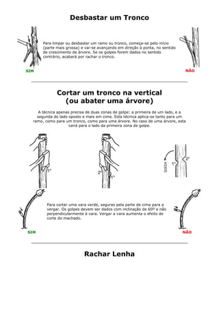 Desbastar um Tronco
SIM
Para limpar ou desbastar um ramo ou tronco, começa-se pelo início
(parte mais grossa) e vai-se avançando em direção à ponta, no sentido
de crescimento da árvore. Se os golpes forem dados no sentido
contrário, acabará por rachar o tronco.
NÃO
Cortar um tronco na vertical
(ou abater uma árvore)
A técnica apenas precisa de duas zonas de golpe: a primeira de um lado, e a
segunda do lado oposto e mais em cima. Esta técnica aplica-se tanto para um
ramo, como para um tronco, como para uma árvore. No caso de uma árvore, esta
cairá para o lado da primeira zona de golpe.
SIM
Para cortar uma vara verde, seguras pela parte de cima para a
vergar. Os golpes devem ser dados com inclinação de 60º e não
perpendicularmente à vara. Vergar a vara aumenta o efeito de
corte do machado.
NÃO
Rachar Lenha
 