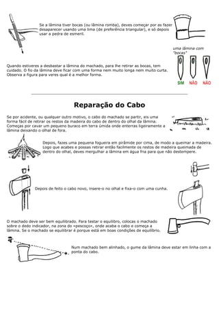 Se a lâmina tiver bocas (ou lâmina romba), deves começar por as fazer
desaparecer usando uma lima (de preferência triangular), e só depois
usar a pedra de esmeril.
uma lâmina com
"bocas"
Quando estiveres a desbastar a lâmina do machado, para lhe retirar as bocas, tem
cuidado. O fio da lâmina deve ficar com uma forma nem muito longa nem muito curta.
Observa a figura para veres qual é a melhor forma.
Reparação do Cabo
Se por acidente, ou qualquer outro motivo, o cabo do machado se partir, eis uma
forma fácil de retirar os restos da madeira do cabo de dentro do olhal da lâmina.
Começas por cavar um pequeno buraco em terra úmida onde enterras ligeiramente a
lâmina deixando o olhal de fora.
Depois, fazes uma pequena fogueira em pirâmide por cima, de modo a queimar a madeira.
Logo que acabes e possas retirar então facilmente os restos de madeira queimada de
dentro do olhal, deves mergulhar a lâmina em água fria para que não destempere.
Depois de feito o cabo novo, insere-o no olhal e fixa-o com uma cunha.
O machado deve ser bem equilibrado. Para testar o equilibro, colocas o machado
sobre o dedo indicador, na zona do «pescoço», onde acaba o cabo e começa a
lâmina. Se o machado se equilibrar é porque está em boas condições de equilíbrio.
Num machado bem alinhado, o gume da lâmina deve estar em linha com a
ponta do cabo.
 