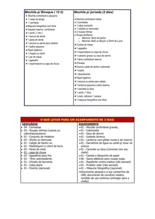 Mochila p/ Bivaque ( 12 h)
 Mochila confortável e pequena
 1 calça de abrigo
 1 camiseta
 Máquina fotográfica com filme
 Calçado reserva, confortável
 1 cantil ( 1 litro )
 1 escova de dente
 1 pasta de dente
 1 escova ou pente para cabelos
 1 toalha pequena
 Papel higiênico
 1 chapéu ou boné
 1 par de meias
 1 agasalho
 1 impermeável ou capa de chuva
Mochila p/ jornada (2 dias)
 Mochila confortável média
 3 camisetas
 1 calça comprida
 1 calções ou bermudas
 2 roupas íntimas
 Roupa de Banho:
o Meninos: Short de banho
o Maninas: Maiô ou Biquini c/ Short de Lycra
3 pares de meias
1 agasalho
1 impermeável ou capa de chuva
1 cobertor grosso ou saco de dormir
1 tênis confortável reserva
Chinelos
Escova, pasta de dente e sabonete
1 toalha
1 desodorante
Papel higiênico
1 escova ou pente para cabelo
1 lanterna pequena e pilha reserva
1 canivete ou faca
1 cantil ( 1 litro)
1 prato, talheres 1 caneca
1 máquina fotográfica com filme
O QUE LEVAR PARA UM ACAMPAMENTO DE 3 DIAS:
VESTUÁRIO
 04 - Camisetas
 03 - Roupas íntimas (cuecas ou
calcinhas/soutiens)
 01 - Conjunto de moletom
 03 - Shorts ou bermuda
 01 - Calção de banho ou
 01 - Maiô/biquini c/ short de lycra
 03 - Pares de meia
 01 - capa de chuva
 02 - Agasalhos para frio
 02 - Tênis sobressalente
 01 - Chinelo de borracha
 01 - Calça jeans
 01 - Poncho (opcional)
EQUIPAMENTO
 01 - Mochila confortável grande;
 01 - Colchonete
 01 - Saco de dormir
 01 - Isolante térmico
 01 - Lanterna com pilhas novas e de reserva
 01 - Garrafinha de água ou cantil p/ levar na
cintura
 01 - Canivete ou faca (converse com seu
chefe)
 01 - Caneta e bloquinho de papel
 06 - Sacos plásticos para roupas sujas
 01 - Repelente contra insetos (não aerosol)
 01 - Protetor solar (não aerosol)
 01 – Máquina fotográfica (opcional)
Documento pessoal e a sua carteirinha da
UEB, documento de convênio médico,
remédio de uso continuo (entregar para a
chefia)
 