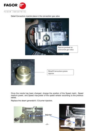 Detail Convection injector place in the convection gas valve




                                                           Injector position on
                                                           convection gas valve




                                               Detail Convection system
                                               injector




Once the nozzle has been changed, change the position of the Speed maint., Speed
medium power, and Speed max.power of the speed variator according to the previous
tables.
Replace the steam generator's 12 burner injectors.




                                          Injector




                                          - 57 -
 