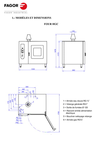 1.- MODÈLES ET DIMENSIONS

                                                     FOUR HGC

                                                                                     120




                                                              1479
                                                                     1173




                                          1330
                                                                                     992




                               605
                   440
                                           130




                   395
                                     73




                           2
                                                 5
        476
  576




                                                                            1 = Arrivée eau douce RG ¾”
 706




                                            3
775




                                                                            2 = Vidange générale RG1”
                   1
                                                                            3 = Sortie de fumées Ø 120
                       6
                                                                            4 = Raccord entrée alimentation
                       4
                                                                     1755




                                                                               électrique
                                                                            5 = Bouchon nettoyage vidange
              50
              60                                                            6 = Arrivée gaz RG¾”
          120




                                                        -3-
 