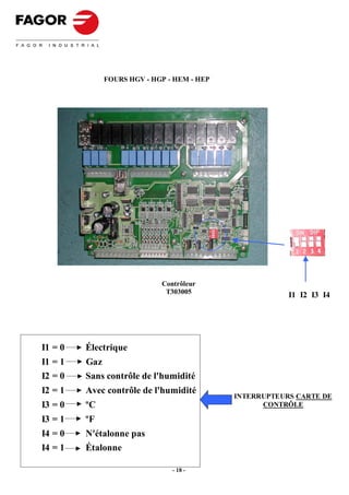 FOURS HGV - HGP - HEM - HEP




                            Contrôleur
                             T303005                    I1 I2 I3 I4




I1 = 0   Électrique
I1 = 1   Gaz
I2 = 0   Sans contrôle de l'humidité
I2 = 1   Avec contrôle de l'humidité
                                            INTERRUPTEURS CARTE DE
I3 = 0   ºC                                       CONTRÔLE

I3 = 1   ºF
I4 = 0   N'étalonne pas
I4 = 1   Étalonne

                               - 18 -
 