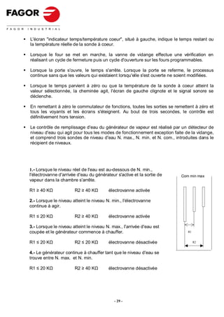 L'écran "indicateur temps/température coeur", situé à gauche, indique le temps restant ou
la température réelle de la sonde à coeur.

Lorsque le four se met en marche, la vanne de vidange effectue une vérification en
réalisant un cycle de fermeture puis un cycle d'ouverture sur les fours programmables.

Lorsque la porte s'ouvre, le temps s'arrête. Lorsque la porte se referme, le processus
continue sans que les valeurs qui existaient lorsqu'elle s'est ouverte ne soient modifiées.

Lorsque le temps parvient à zéro ou que la température de la sonde à coeur atteint la
valeur sélectionnée, la cheminée agit, l'écran de gauche clignote et le signal sonore se
déclenche.

En remettant à zéro le commutateur de fonctions, toutes les sorties se remettent à zéro et
tous les voyants et les écrans s'éteignent. Au bout de trois secondes, le contrôle est
définitivement hors tension.

Le contrôle de remplissage d'eau du générateur de vapeur est réalisé par un détecteur de
niveau d'eau qui agit pour tous les modes de fonctionnement exception faite de la vidange,
et comprend trois sondes de niveau d'eau N. max., N. min. et N. com., introduites dans le
récipient de niveaux.




1.- Lorsque le niveau réel de l'eau est au-dessous de N. min.,
l'électrovanne d'arrivée d'eau du générateur s'active et la sortie de     Com min max
vapeur dans la chambre s'arrête.

R1 ≥ 40 KΩ             R2 ≥ 40 KΩ        électrovanne activée

2.- Lorsque le niveau atteint le niveau N. min., l'électrovanne
continue à agir.

R1 ≤ 20 KΩ             R2 ≥ 40 KΩ        électrovanne activée

3.- Lorsque le niveau atteint le niveau N. max., l'arrivée d'eau est
coupée et le générateur commence à chauffer.                                  R1


R1 ≤ 20 KΩ             R2 ≤ 20 KΩ        électrovanne désactivée                   R2


4.- Le générateur continue à chauffer tant que le niveau d'eau se
trouve entre N. max. et N. min.

R1 ≤ 20 KΩ             R2 ≥ 40 KΩ        électrovanne désactivée




                                            - 29 -
 