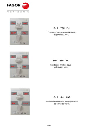 Err    003

                        Err 3   TEM    FLI

TEM    FLI     Cuando la temperatura del horno
                     supera los 330º C




Err    004
                        Err 4   Snd   nIL

                    Sondas de nivel de agua
Snd    nIL             no trabajan bien.




 Err    005
                        Err 5   Snd   UAP

              Cuando falla la sonda de temperatura
Snd    UAP            de salida de vapor.




               - 49 -
 