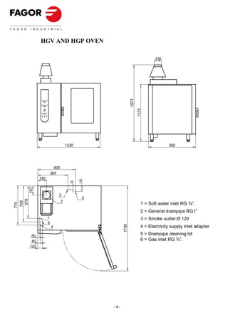 HGV AND HGP OVEN

                                                                               150




                                                              1573
                                                                     1173
                                    1330                                              992




                          605
                        395
              185
                                           130
                                      73
        193




                            2
                                             5
  576




                                3
 706




                                                                        1 = Soft water inlet RG ¾”.
775




                                                                        2 = General drainpipe RG1”
                    1                                                   3 = Smoke outlet Ø 120
                    6
                                                                        4 = Electricity supply inlet adapter
                                                       1755




                        4

         50                                                             5 = Drainpipe cleaning lid
         60                                                             6 = Gas inlet RG ¾”.
        120




                                                 -4-
 