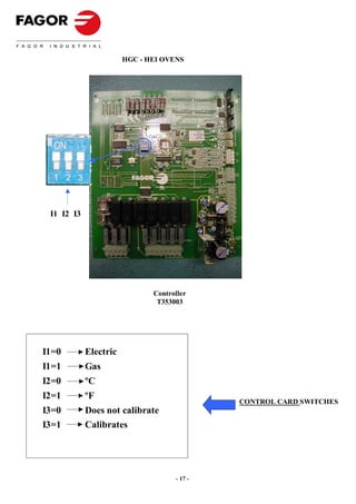 HGC - HEI OVENS




 I1 I2 I3




                              Controller
                               T353003




I1=0        Electric
I1=1        Gas
I2=0        ºC
I2=1        ºF
                                             CONTROL CARD SWITCHES
I3=0        Does not calibrate
I3=1        Calibrates




                                    - 17 -
 
