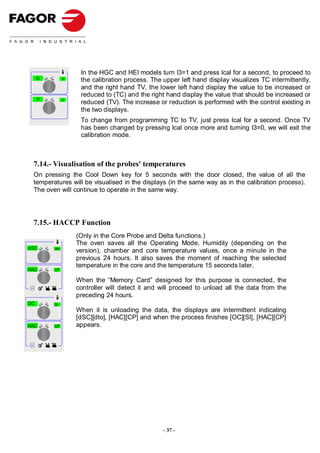 In the HGC and HEI models turn I3=1 and press Ical for a second, to proceed to
         tc         tv
                          the calibration process. The upper left hand display visualizes TC intermittently,
                          and the right hand TV, the lower left hand display the value to be increased or
                          reduced to (TC) and the right hand display the value that should be increased or
         0          0
                          reduced (TV). The increase or reduction is performed with the control existing in
                          the two displays.
                          To change from programming TC to TV, just press Ical for a second. Once TV
                          has been changed by pressing Ical once more and turning I3=0, we will exit the
                          calibration mode.



     7.14.- Visualisation of the probes' temperatures
     On pressing the Cool Down key for 5 seconds with the door closed, the value of all the
     temperatures will be visualised in the displays (in the same way as in the calibration process).
     The oven will continue to operate in the same way.




     7.15.- HACCP Function
                         (Only in the Core Probe and Delta functions.)
                         The oven saves all the Operating Mode, Humidity (depending on the
dSC           dto
                         version), chamber and core temperature values, once a minute in the
                         previous 24 hours. It also saves the moment of reaching the selected
                         temperature in the core and the temperature 15 seconds later.
HAC           CP


                         When the “Memory Card” designed for this purpose is connected, the
Select
                         controller will detect it and will proceed to unload all the data from the
                         preceding 24 hours.
OC            SI
                         When it is unloading the data, the displays are intermittent indicating
                         [dSC][dto], [HAC][CP] and when the process finishes [OC][SI], [HAC][CP]
HAC           CP         appears.

Select




                                                       - 37 -
 