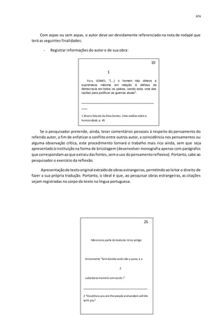 xiv
Com aspas ou sem aspas, o autor deve ser devidamente referenciado na nota de rodapé que
terá as seguintes finalidades:
- Registrar informações do autor e de sua obra:
Se o pesquisador pretende, ainda, tecer comentários pessoais à respeito do pensamento do
referido autor, a fim de enfatizar o conflito entre outros autor, a coincidência nos pensamentos ou
alguma observação crítica, este procedimento tornará o trabalho mais rico ainda, sem que seja
apresentadoàinstituiçãona forma de bricolagem (desenvolver monografia apenas com parágrafos
que correspondamaoque extraiudasfontes,semouso dopensamentoreflexivo).Portanto,cabe ao
pesquisador o exercício da reflexão.
Apresentaçãode textooriginal extraídode obrasestrangeiras,permitindoaoleitor o direito de
fazer a sua própria tradução. Portanto, o ideal é que, ao pesquisar obras estrangeiras, as citações
sejam registradas no corpo do texto na língua portuguesa.
10
1
Para GOMES, "(...) o homem não obteve a
supremacia máxima em relação à defesa da
democracia em todos os países, sendo esta, uma das
razões para justificar as guerras atuais".
____________________________________
___
1 Alvaro Edauto da Silva Gomes. Uma análise sobre a
humanidade, p. 45
25
Menciono parte dotextode Jóno antigo
testamento "Semdúvida vocês são o povo, e a
2
sabedoria morrerá comvocês !"
________________________________
2 "Doubtless you arethepeopleandwisdom willdie
with you"
 