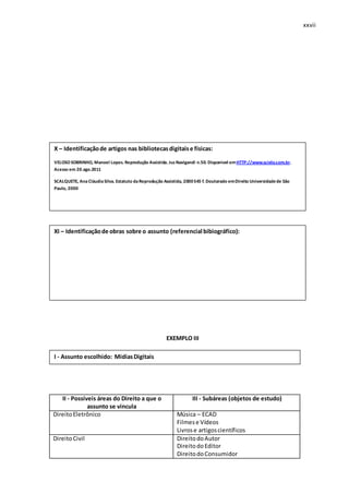 xxvii
EXEMPLO III
II - Possíveis áreas do Direito a que o
assunto se vincula
III - Subáreas (objetos de estudo)
DireitoEletrônico Música – ECAD
Filmese Vídeos
Livrose artigoscientíficos
DireitoCivil DireitodoAutor
DireitodoEditor
DireitodoConsumidor
X – Identificaçãode artigos nas bibliotecasdigitaise físicas:
VELOSOSOBRINHO, Manoel Lopes. Reprodução Assistida. JusNavigandi n.50. Disponivel emHTTP://www.scielo.com.br.
Acesso em 20.ago.2011
SCALQUETE, AnaCláudiaSilva. Estatuto daReprodução Assistida, 2000545 f. Doutorado emDireito Universidadede São
Paulo, 2000
XI – Identificaçãode obras sobre o assunto (referencial bibiográfico):
I - Assunto escolhido: MidiasDigitais
 