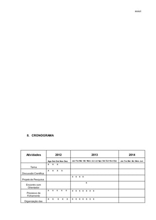 xxxvi
8. CRONOGRAMA
Atividades 2012 2013 2014
Ago Set Out Nov Dez Jan Fev Mar Abr Maio Jun Jul Ago Set Out Nov Dez Jan Fev Mar Abr Maio Jun
Tema
x x x
Discussão Científica
x x x x
Projeto de Pesquisa
x x x x
Encontro com
Orientador
x
Processo de
Fichamento
x x x x x x x x x x x x
Organização das
x x x x x x x x x x x x
 