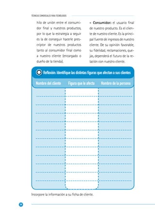 28
TÉCNICAS COMERCIALES PARA TECNÓLOGOS
Nombre del cliente
Reﬂexión:Identiﬁquelasdistintasﬁgurasqueafectanasusclientes
Figura que le afecta Nombre de la persona
Incorpore la información a su ﬁcha de cliente.
hilo de unión entre el consumi-
dor ﬁnal y nuestros productos,
por lo que la estrategia a seguir
es la de conseguir hacerle pres-
criptor de nuestros productos
tanto al consumidor ﬁnal como
a nuestro cliente (encargado o
dueño de la tienda).
- Consumidor: el usuario ﬁnal
de nuestro producto. Es el clien-
te de nuestro cliente. Es la princi-
pal fuente de ingresos de nuestro
cliente. De su opinión favorable,
su ﬁdelidad, reclamaciones, que-
jas, dependerá el futuro de la re-
lación con nuestro cliente.
 