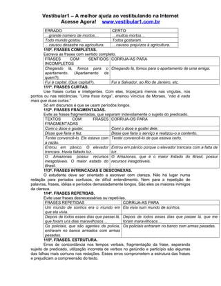 Vestibular1 – A melhor ajuda ao vestibulando na Internet
Acesse Agora! www.vestibular1.com.br
ERRADO CERTO
…grande número de mortos… …muitos mortos…
Todo mundo gostou. Todos gostaram.
…causou desastre na agricultura. …causou prejuízos à agricultura.
110ª. FRASES COMPLETAS.
Escreva as frases com sentido completo.
FRASES COM SENTIDOS
INCOMPLETOS
CORRIJA-AS PARA
Chegando lá, fomos para o
apartamento. (Apartamento de
quem?).
Chegando lá, fomos para o apartamento de uma amiga.
Fui à capital. (Que capital?). Fui a Salvador, ao Rio de Janeiro, etc.
111ª. FRASES CURTAS.
Use frases curtas e inteligentes. Com elas, tropeçará menos nas vírgulas, nos
pontos ou nas reticências. “Uma frase longa”, ensinou Vinícius de Moraes, “não é nada
mais que duas curtas.”
Só em discursos é que se usam períodos longos.
112ª. FRASES FRAGMENTADAS.
Evite as frases fragmentadas, que separam indevidamente o sujeito do predicado.
TEXTOS COM FRASES
FRAGMENTADAS
CORRIJA-OS PARA
Comi o doce e gostei. Comi o doce e gostei dele.
Disse que faria e fez. Disse que faria o serviço e realizou-o a contento.
Tentei convencê-lo. Ele estava com
a razão.
Tentei convencê-lo de que estava certo.
Entrou em pânico. O elevador
trancara. Havia faltado luz.
Entrou em pânico porque o elevador trancara com a falta de
luz.
O Amazonas possui recursos
inesgotáveis. O maior estado do
Brasil.
O Amazonas, que é o maior Estado do Brasil, possui
recursos inesgotáveis.
113ª. FRASES INTRINCADAS E DESCONEXAS.
O estudante deve ser orientado a escrever com clareza. Não há lugar numa
redação para períodos confusos, de difícil entendimento. Nem para a repetição de
palavras, frases, idéias e períodos demasiadamente longos. São eles os maiores inimigos
da clareza.
114ª. FRASES REPETIDAS.
Evite usar frases desnecessárias ou repeti-las.
FRASES REPETIDAS CORRIJA-AS PARA
Um mundo de sonhos era o mundo em
que ela vivia.
Ela vivia num mundo de sonhos.
Depois de todos esses dias que passei lá,
que foram uns dias maravilhosos…
Depois de todos esses dias que passei lá, que me
foram maravilhosos…
Os policiais, que são agentes da polícia,
entraram no banco armados com armas
pesadas.
Os policiais entraram no banco com armas pesadas.
115ª. FRASES. ESTRUTURA.
Erros de concordância nos tempos verbais, fragmentação da frase, separando
sujeito de predicado, utilização incorreta de verbos no gerúndio e particípio são algumas
das falhas mais comuns nas redações. Esses erros comprometem a estrutura das frases
e prejudicam a compreensão do texto.
 