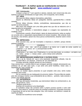 Vestibular1 – A melhor ajuda ao vestibulando na Internet
Acesse Agora! www.vestibular1.com.br
126ª. I (minúsculo).
Coloque o pingo no “i” com capricho e clareza, redondo, bem visível (mas não uma
bolinha) e de forma centralizada (no lugar certo), nem à esquerda, nem à direita.
127ª. IDÉIA.
Não exponha idéias vulgares (impropérios, palavrões).
Separe as diferentes idéias em parágrafos distintos, guardando-lhes a devida
conexão.
Elimine idéias ridículas, infantis, contraditórias, desnecessárias, que não se
ajustem ao tema proposto.
Não inicie uma redação com uma idéia genial mas que não se relaciona com a
segunda parte da composição.
Evite idéias artificiais, o nacionalismo piegas e o exagero nas expressões de
modéstia, como:
Futuramente, quando o Brasil atingir o ápice do desenvolvimento, todas as nações
se curvarão ante a capacidade empreendedora do homem brasileiro. Não entendo muito
do assunto, mas tentarei, apesar dos meus parcos conhecimentos, dissertar sobre o tema
escolhido.
128ª. IMPRECISÃO.
Evite escrever e/ou, por ser incompleto e impreciso e, também, porque denota
pobreza vocabular.
EM VEZ DE ESCREVA
O jovem e/ou seu pai
poderiam ir ao banco ver o
saldo da conta.
O pai poderia ir ao banco ver o saldo da conta, sozinho ou
acompanhado do filho.
Poderíamos ir ao clube e/ou
ao teatro, porque o tempo
seria suficiente.
Poderíamos ir a um dos dois locais, ou a ambos – ao teatro e ao
clube –, pois o tempo seria suficiente.
129ª. IMPROPRIEDADES SEMÂNTICAS E OUTROS VÍCIOS.
Evite o tal de “através de”, que é uma expressão largamente utilizada, mas de
maneira errada! Não é, em absoluto, sinônimo de “por intermédio de”.
Consegui aprender redação através do meu professor.
Caso escreva isso, o sentido literal é que conseguiu aprender redação atravessando seu
professor de um lado para outro, o que seria uma pena! Substitua, nesse caso, a
expressão por “com o auxílio de”.
130ª. INADEQUADO.
Hoje, ao receber alguns presentes no qual completo vinte anos, tenho muitas
novidades para contar.
Eis um exemplo de uso inadequado do pronome relativo. Provoca falta de coesão,
pois não consegue mostrar a que antecedente ele se refere e, portanto, nada conecta e
produz uma relação absurda.
131ª. INCOERÊNCIA.
Não faça afirmações incoerentes, que demonstram faltam de conhecimento e, às
vezes, até ignorância, como:
“Ninguém gosta de ler...”
Exemplo de incoerência numa dissertação:
O verdadeiro amigo não comenta sobre o próprio sucesso quando o outro está
deprimido. Para distraí-lo, conta-lhe sobre seu prestígio profissional, conquistas amorosas
e capacidade de sair-se bem das situações. Isso, com certeza, vai melhorar o estado de
espírito do infeliz.
Exemplo de incoerência numa narração:
 