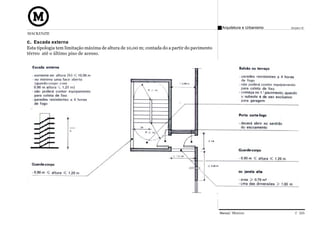 Arquitetura e Urbanismo   Projeto VI
MACKENZIE

c. Escada externa
Esta tipologia tem limitação máxima de altura de 10,00 m; contada do a partir do pavimento
térreo até o último piso de acesso.




                                                                                             Manual Técnico                C 025
 