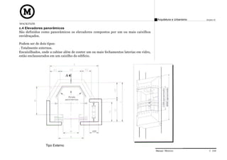 Arquitetura e Urbanismo   Projeto VI
MACKENZIE
c.4 Elevadores panorâmicos
São definidos como panorâmicos os elevadores compostos por um ou mais caixilhos
envidraçados.

Podem ser de dois tipos:
. Totalmente externos.
Encaixilhados, onde a cabine além de conter um ou mais fechamentos laterias em vidro,
estão enclausurados em um caixilho do edifício.




                 Tipo Externo
                                                                                        Manual Técnico                C 038
 